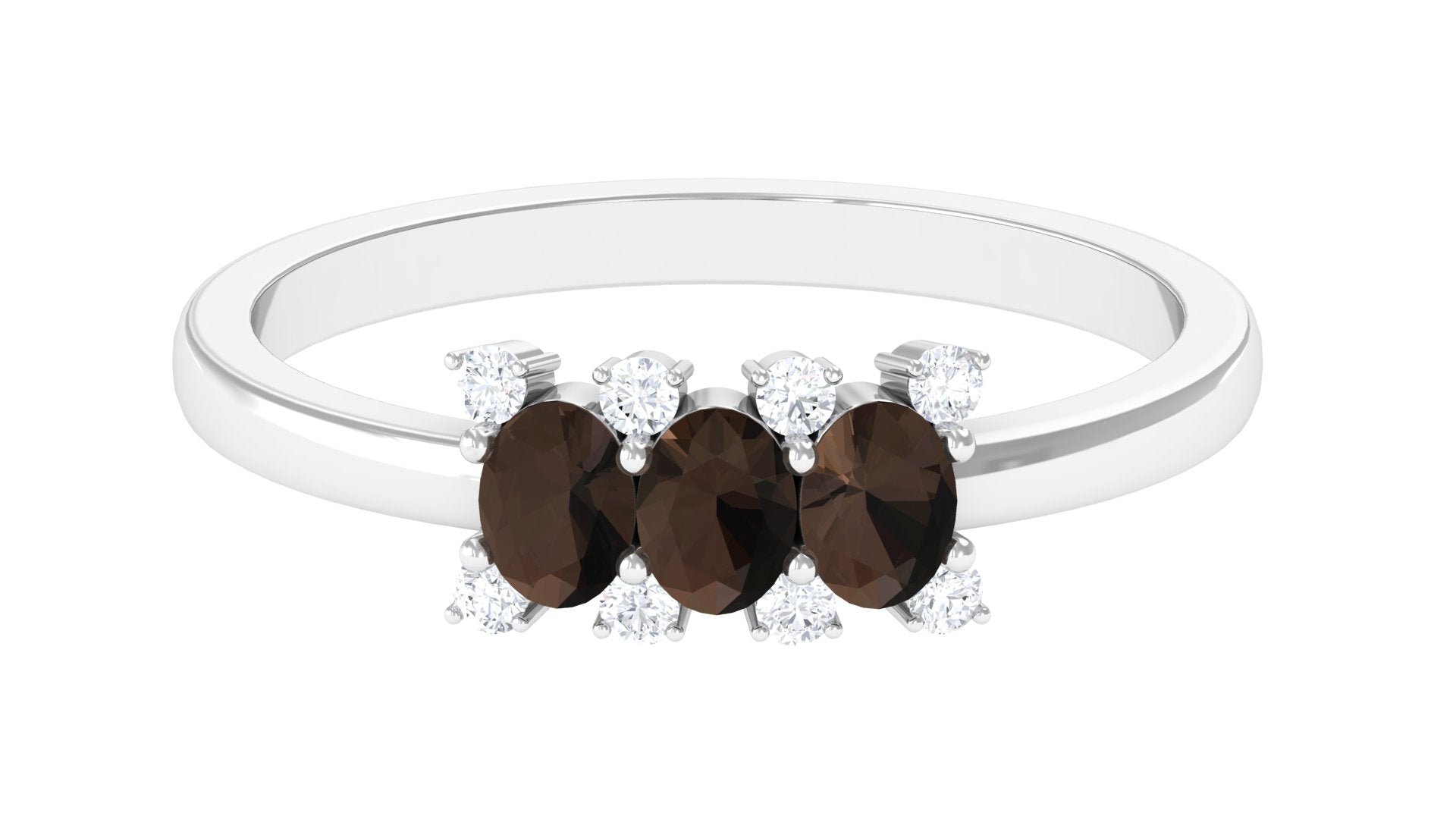 Natural Smoky Quartz Three Stone Ring with Diamond Smoky Quartz - ( AAA ) - Quality - Rosec Jewels