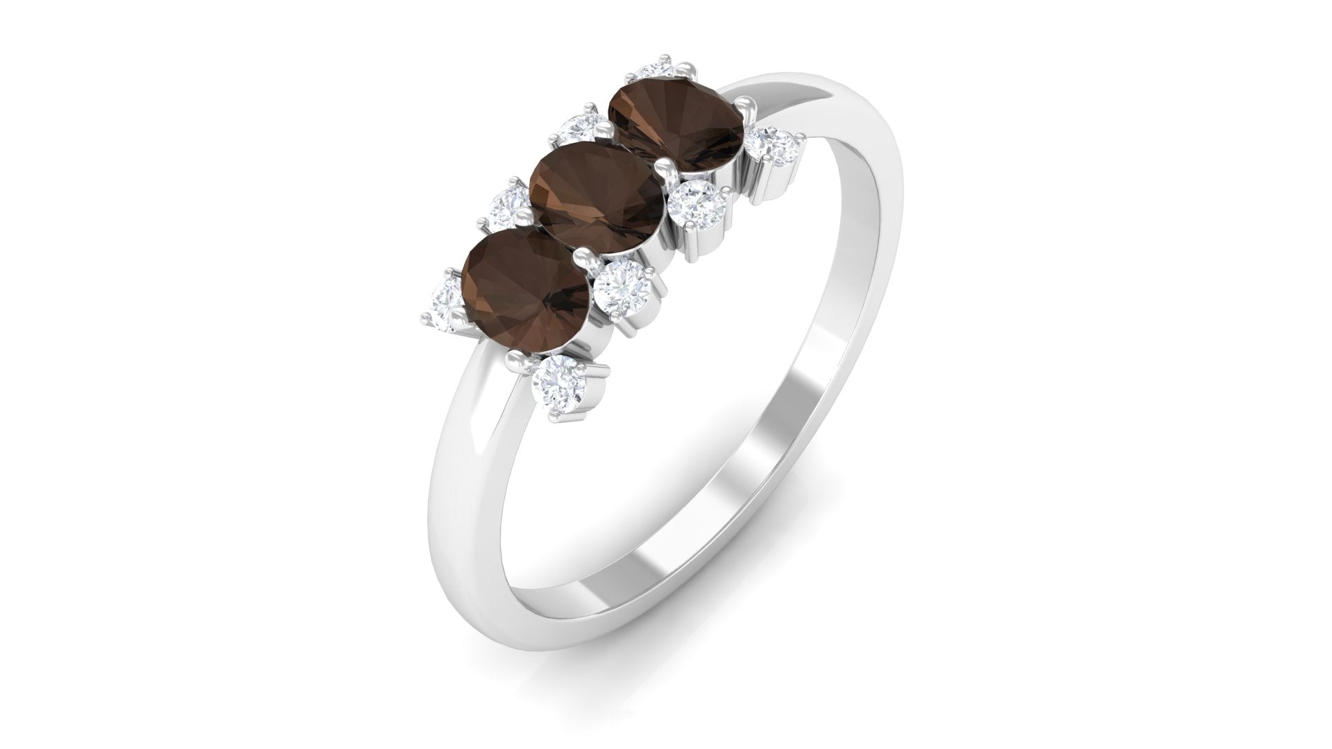 Natural Smoky Quartz Three Stone Ring with Diamond Smoky Quartz - ( AAA ) - Quality - Rosec Jewels