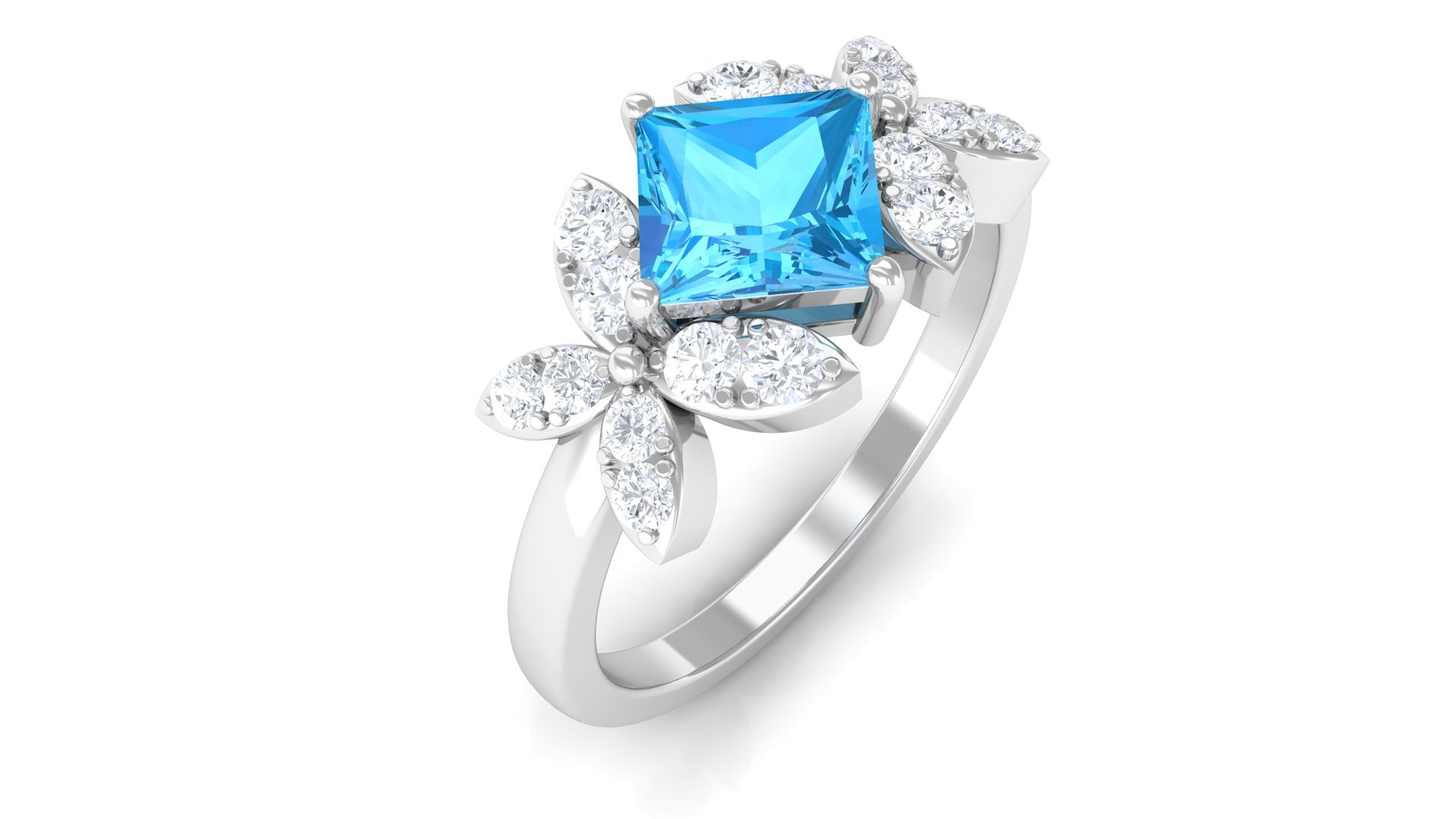 Floral Inspired Swiss Blue Topaz Engagement Ring with Diamond Swiss Blue Topaz - ( AAA ) - Quality - Rosec Jewels