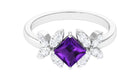 Princess Cut Amethyst Floral Engagement Ring with Diamond Amethyst - ( AAA ) - Quality - Rosec Jewels