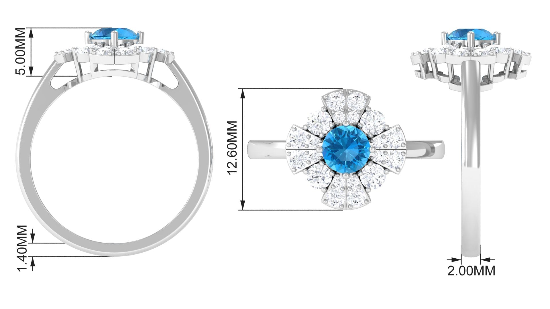 Swiss Blue Topaz Floral Engagement Ring with Moissanite Swiss Blue Topaz - ( AAA ) - Quality - Rosec Jewels