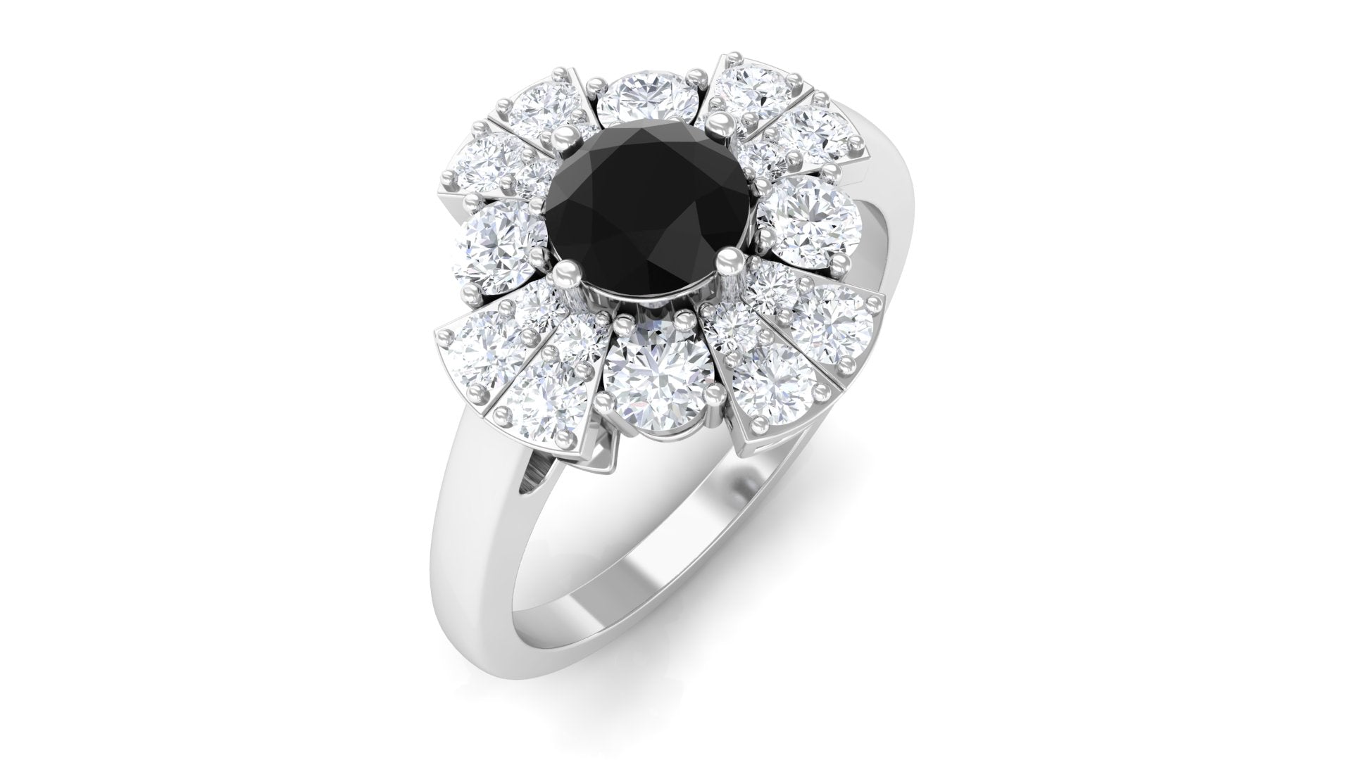 Black Spinel and Moissanite Flower Engagement Ring Black Spinel - ( AAA ) - Quality - Rosec Jewels