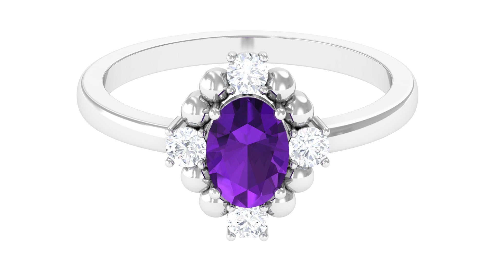 Oval Amethyst and Diamond Cocktail Ring with Beads Amethyst - ( AAA ) - Quality - Rosec Jewels