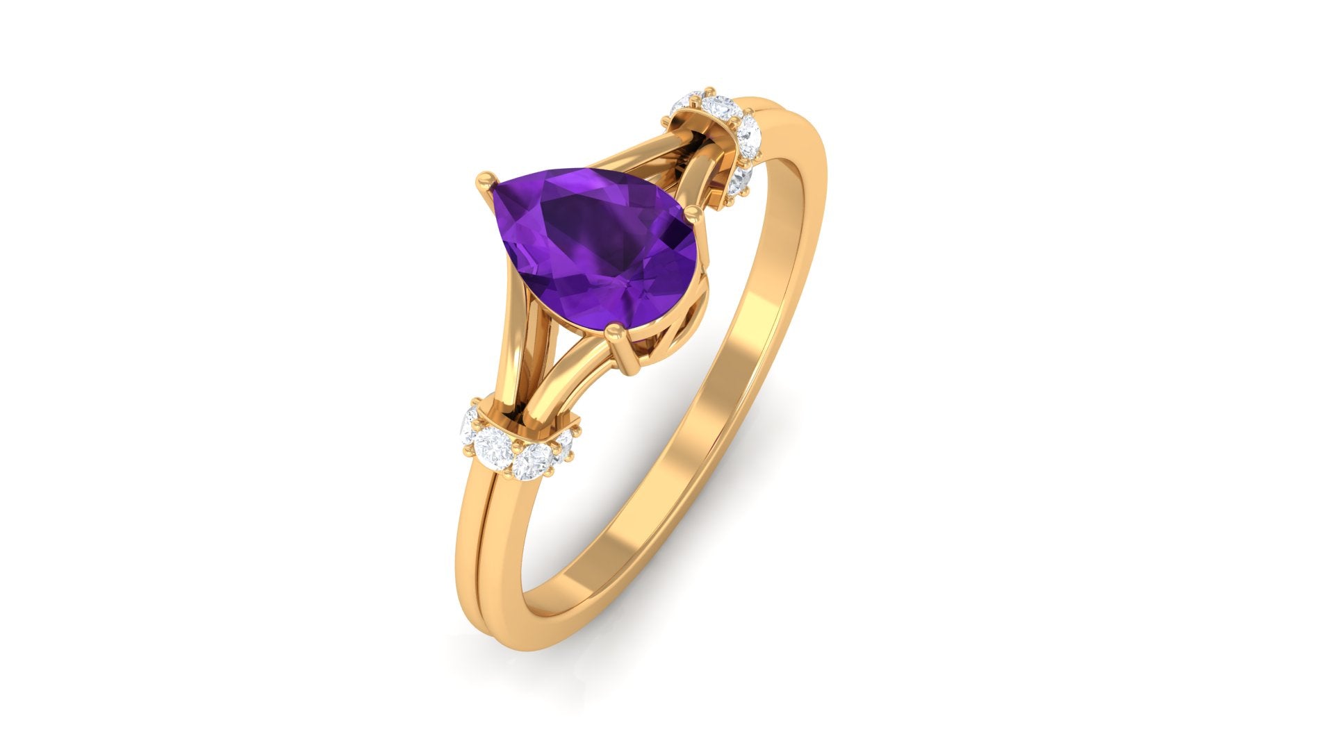 Pear Cut Amethyst Solitaire Ring with Diamond in Split Shank Amethyst - ( AAA ) - Quality - Rosec Jewels