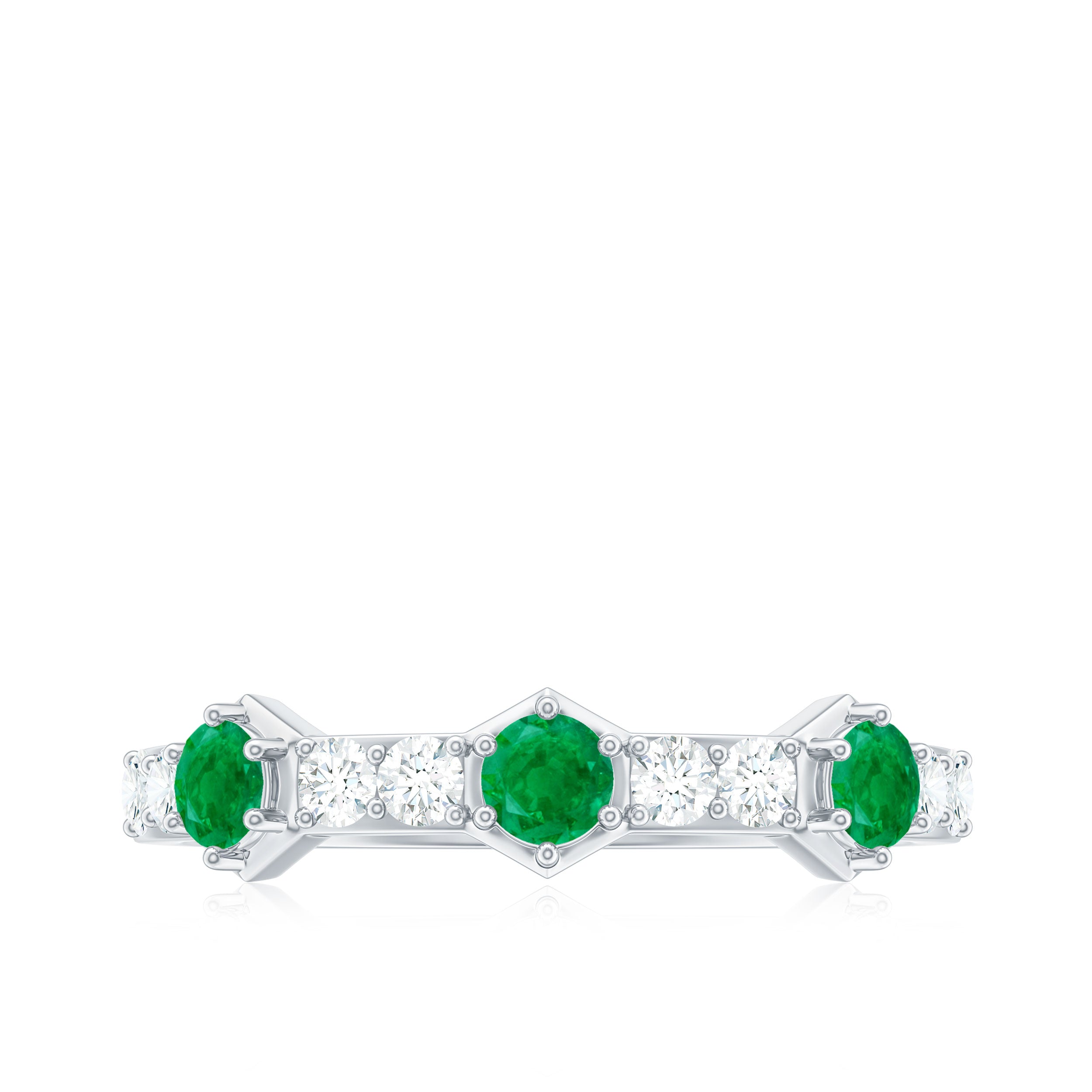 Minimal Half Eternity Ring with Emerald and Diamond Emerald - ( AAA ) - Quality - Rosec Jewels