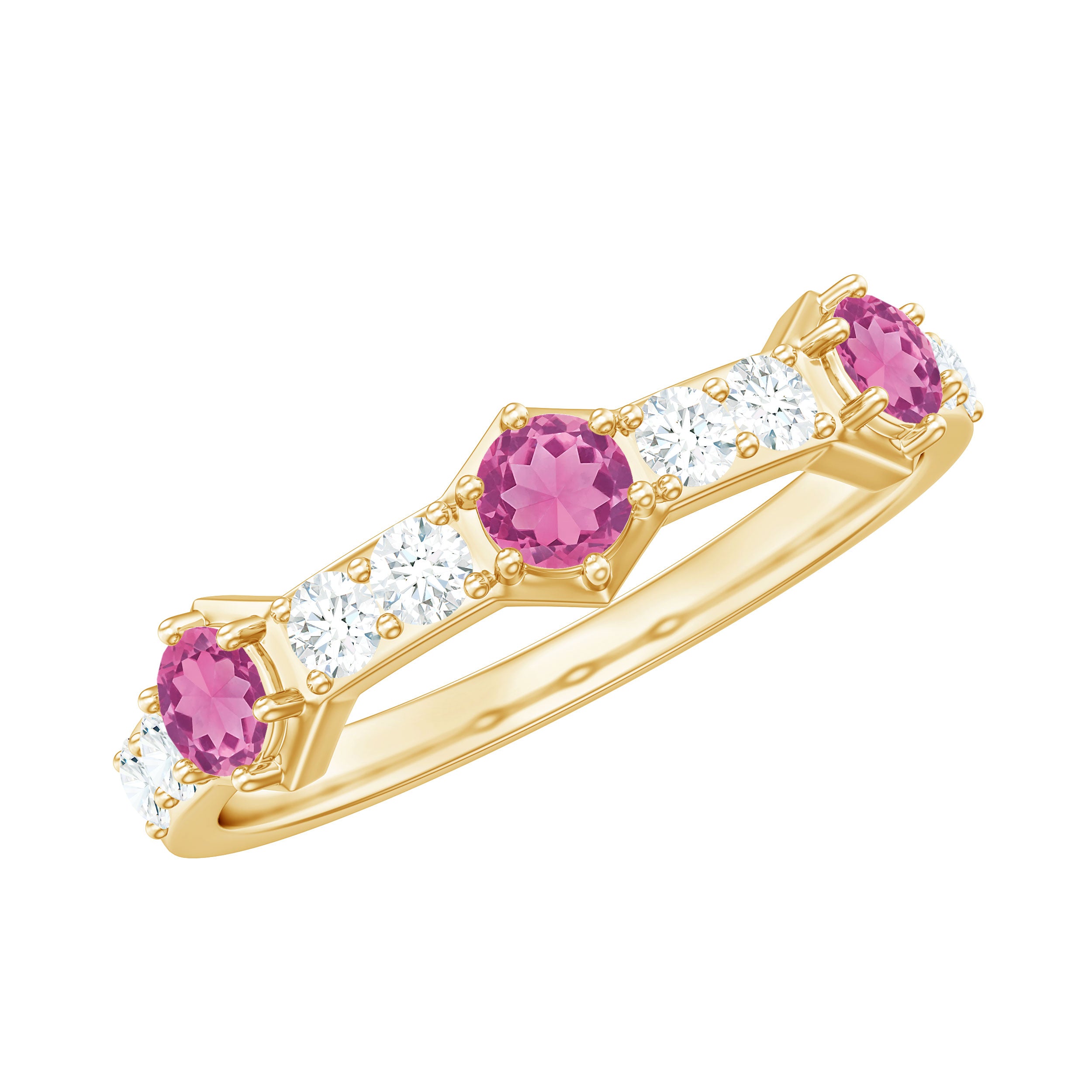 Minimal Half Eternity Ring with Pink Tourmaline and Diamond Pink Tourmaline - ( AAA ) - Quality - Rosec Jewels