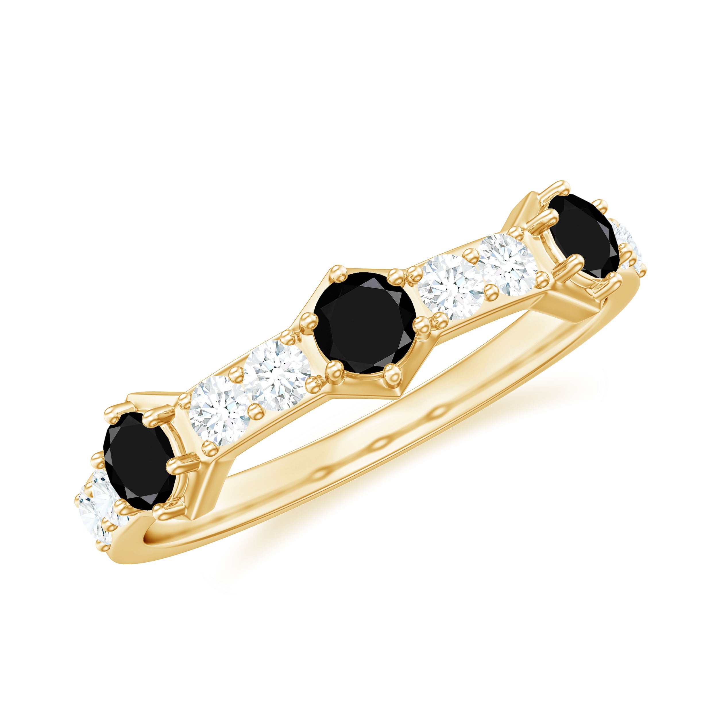 Minimal Half Eternity Ring with Black Onyx and Diamond Black Onyx - ( AAA ) - Quality - Rosec Jewels