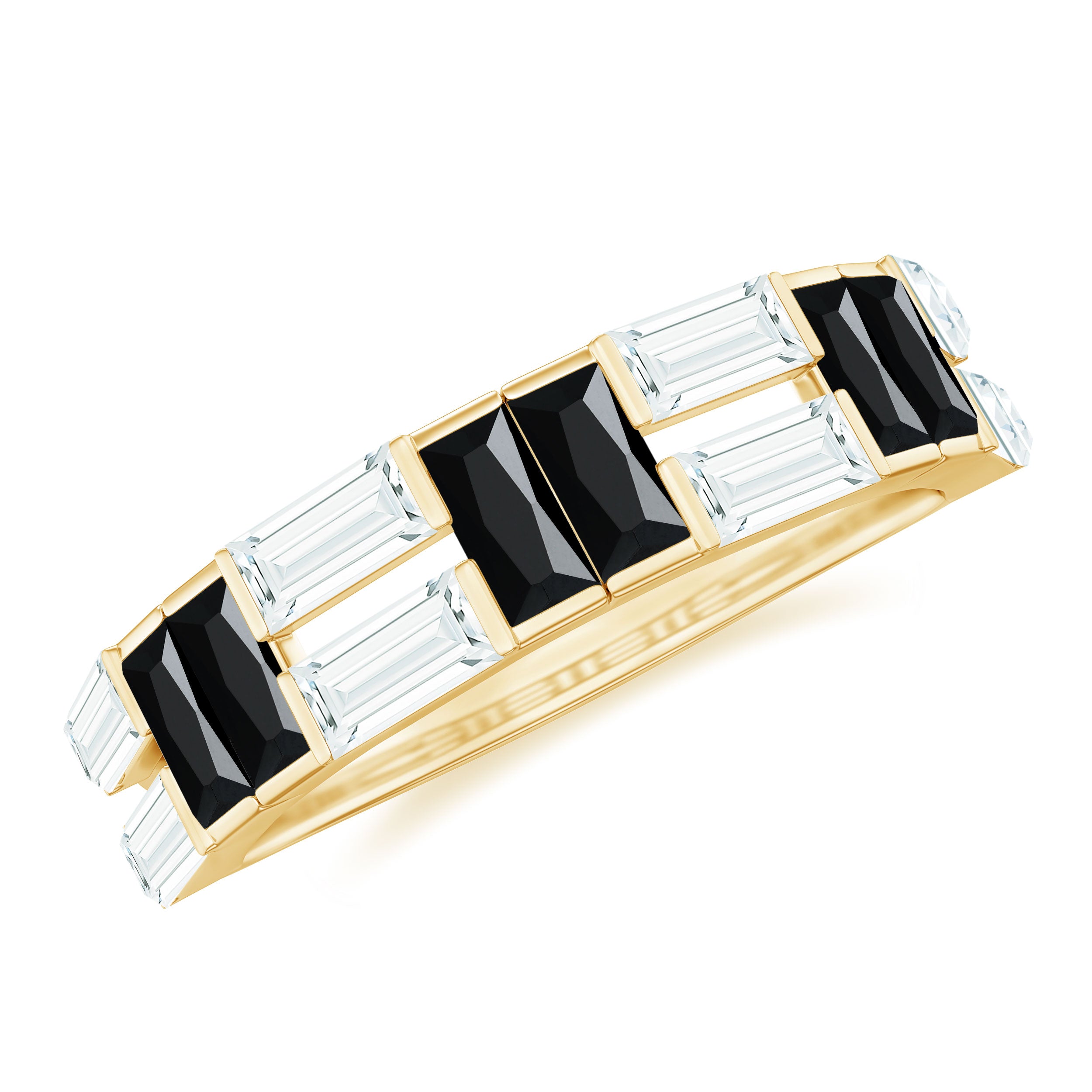 Baguette Cut Black Onyx and Moissanite Half Eternity Ring Black Onyx - ( AAA ) - Quality - Rosec Jewels