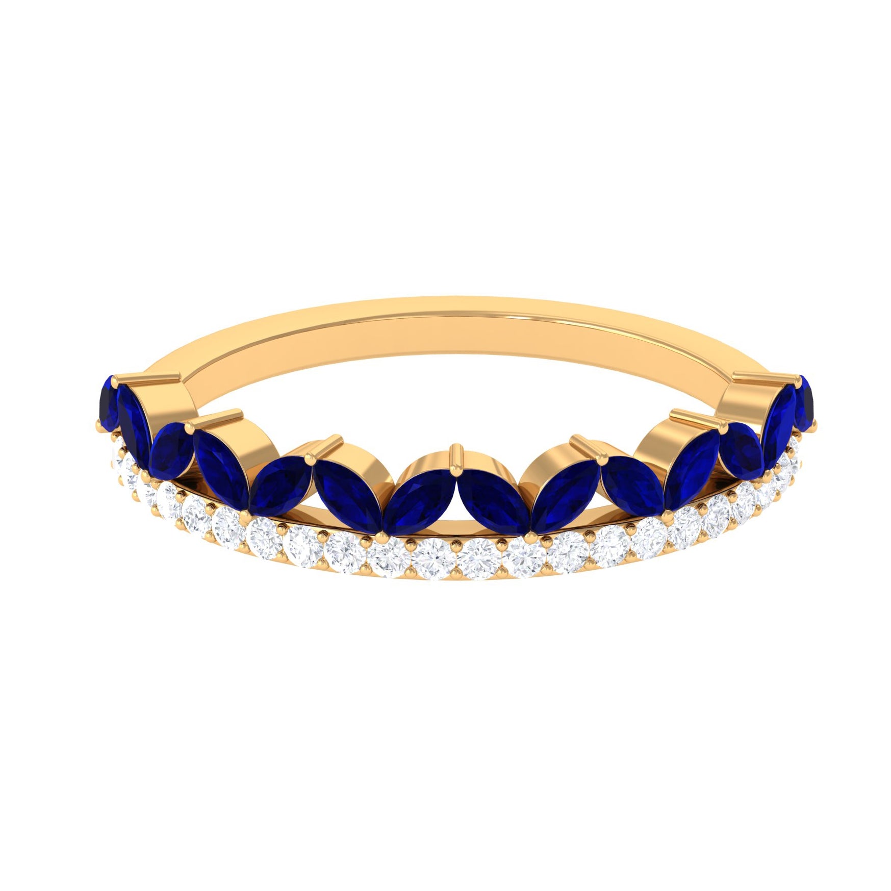 Blue Sapphire and Diamond Crown Style Half Eternity Ring Blue Sapphire - ( AAA ) - Quality - Rosec Jewels