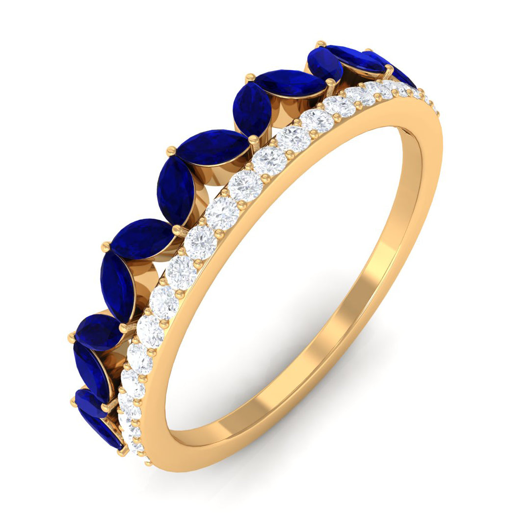 Blue Sapphire and Diamond Crown Style Half Eternity Ring Blue Sapphire - ( AAA ) - Quality - Rosec Jewels