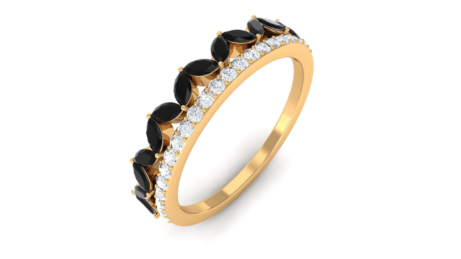 Crown Style Half Eternity Ring with Black Onyx and Diamond Black Onyx - ( AAA ) - Quality - Rosec Jewels