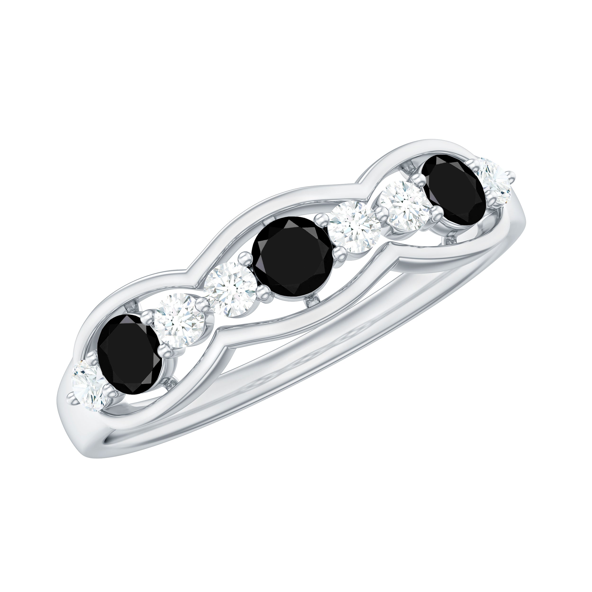 Black Onyx and Diamond Half Eternity Band Ring Black Onyx - ( AAA ) - Quality - Rosec Jewels