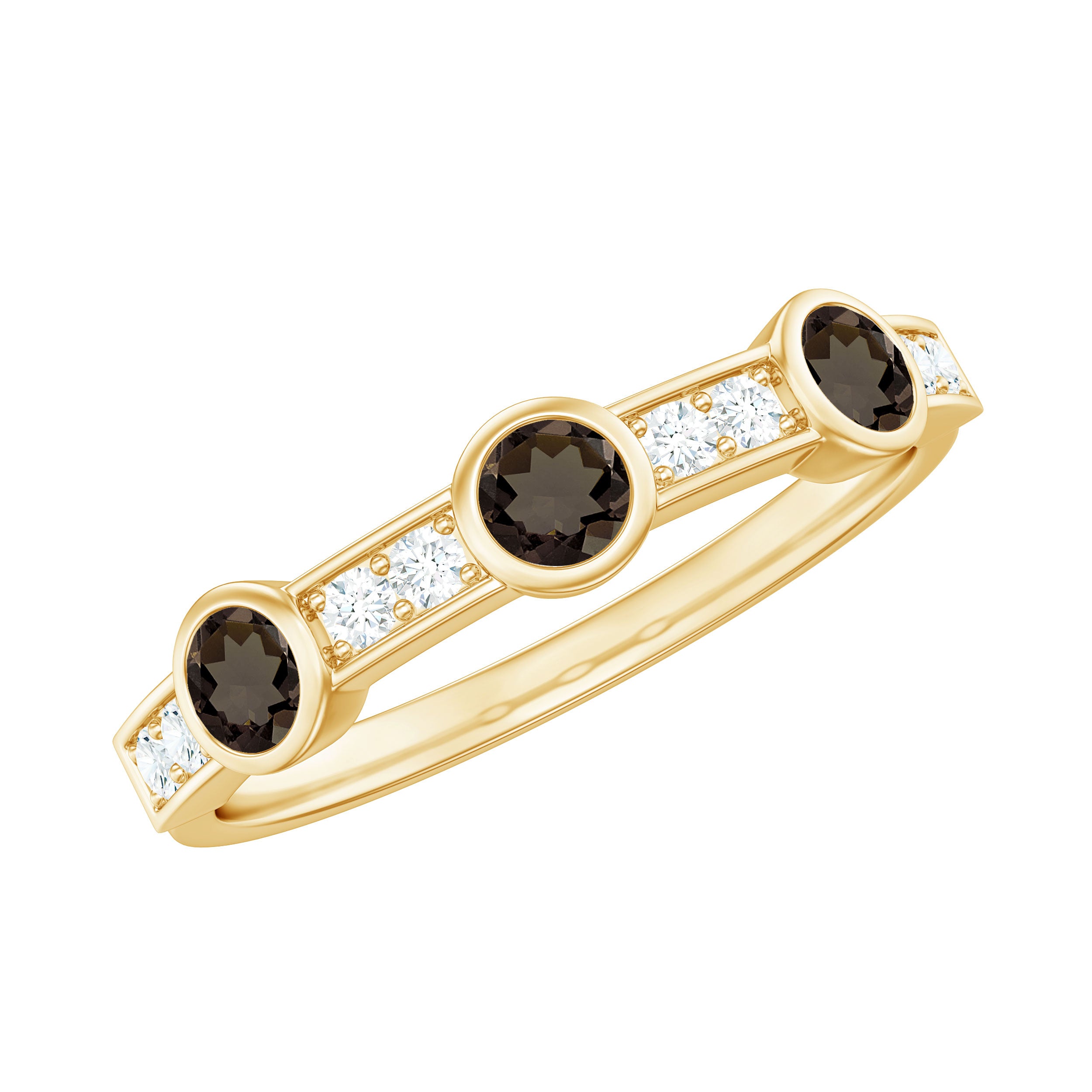 Minimal Half Eternity Band Ring with Smoky Quartz and Diamond Smoky Quartz - ( AAA ) - Quality - Rosec Jewels