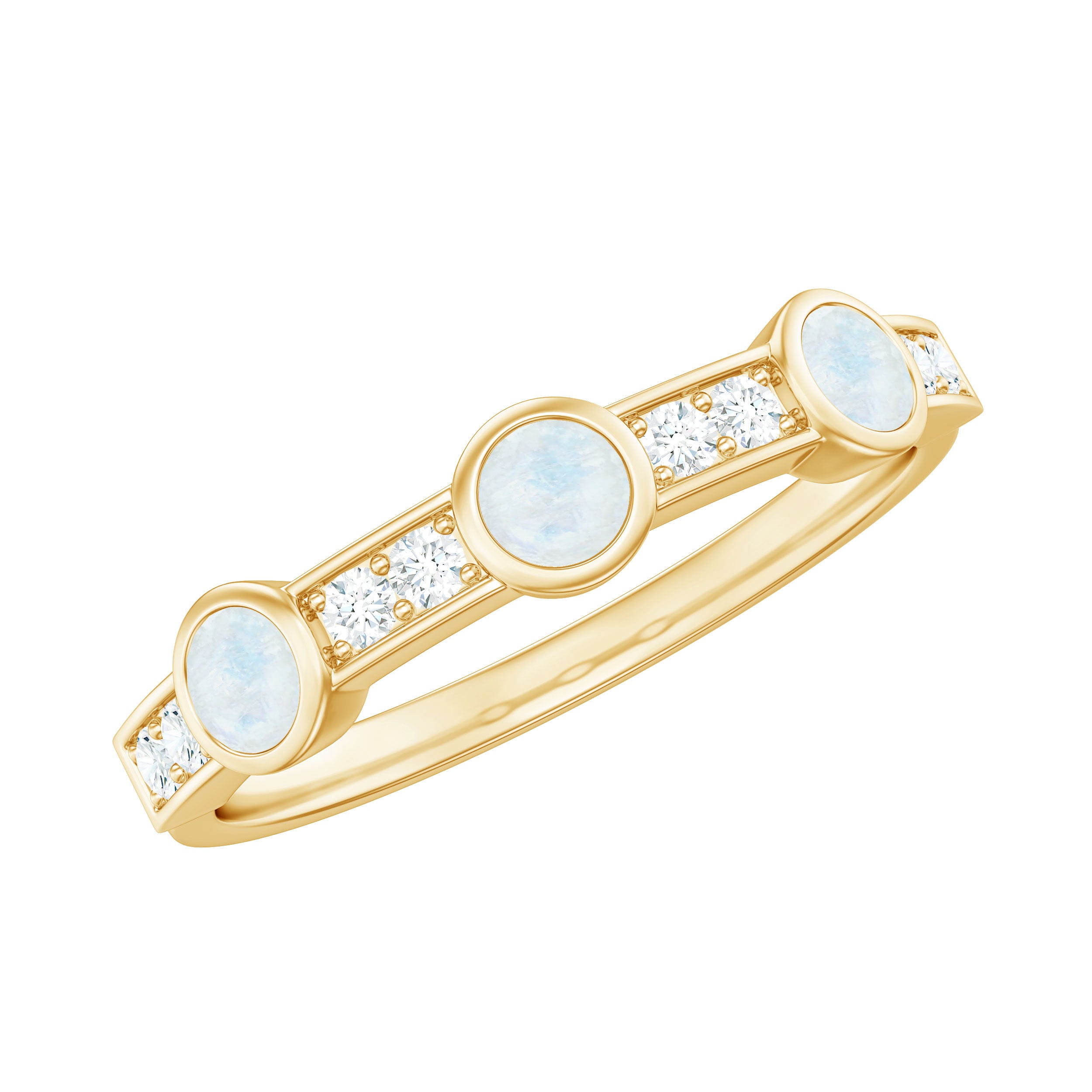 Minimal Half Eternity Ring with Moonstone and Diamond Moonstone - ( AAA ) - Quality - Rosec Jewels