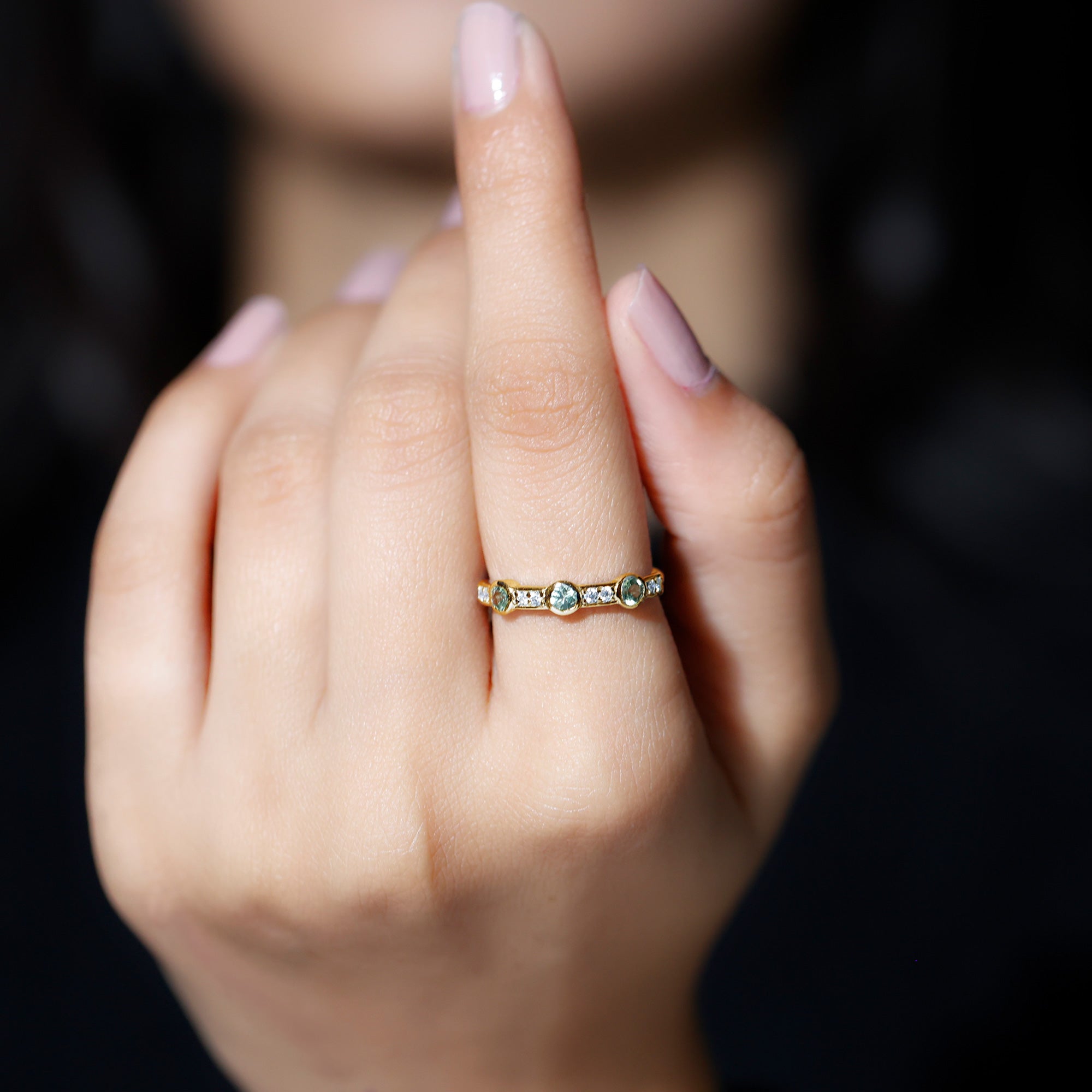 Green Sapphire and Diamond Minimal Half Eternity Ring Green Sapphire - ( AAA ) - Quality - Rosec Jewels