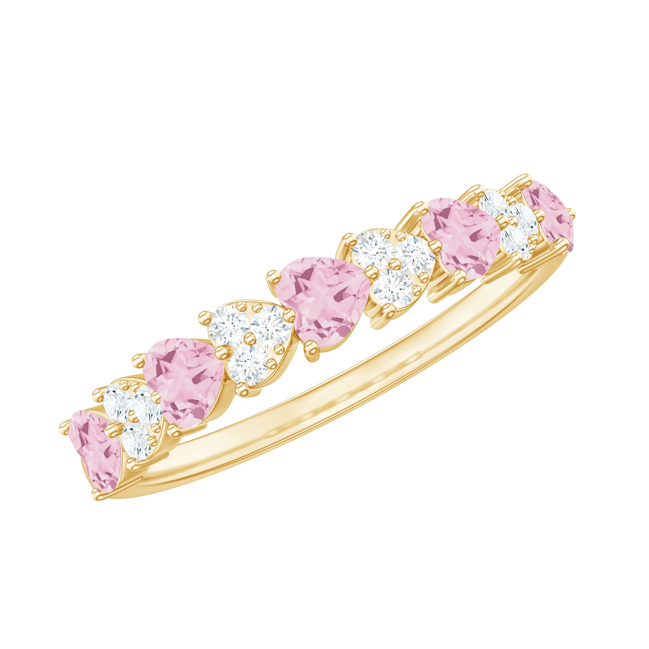 Half Eternity Ring with Rose Quartz and Diamond Rose Quartz - ( AAA ) - Quality - Rosec Jewels