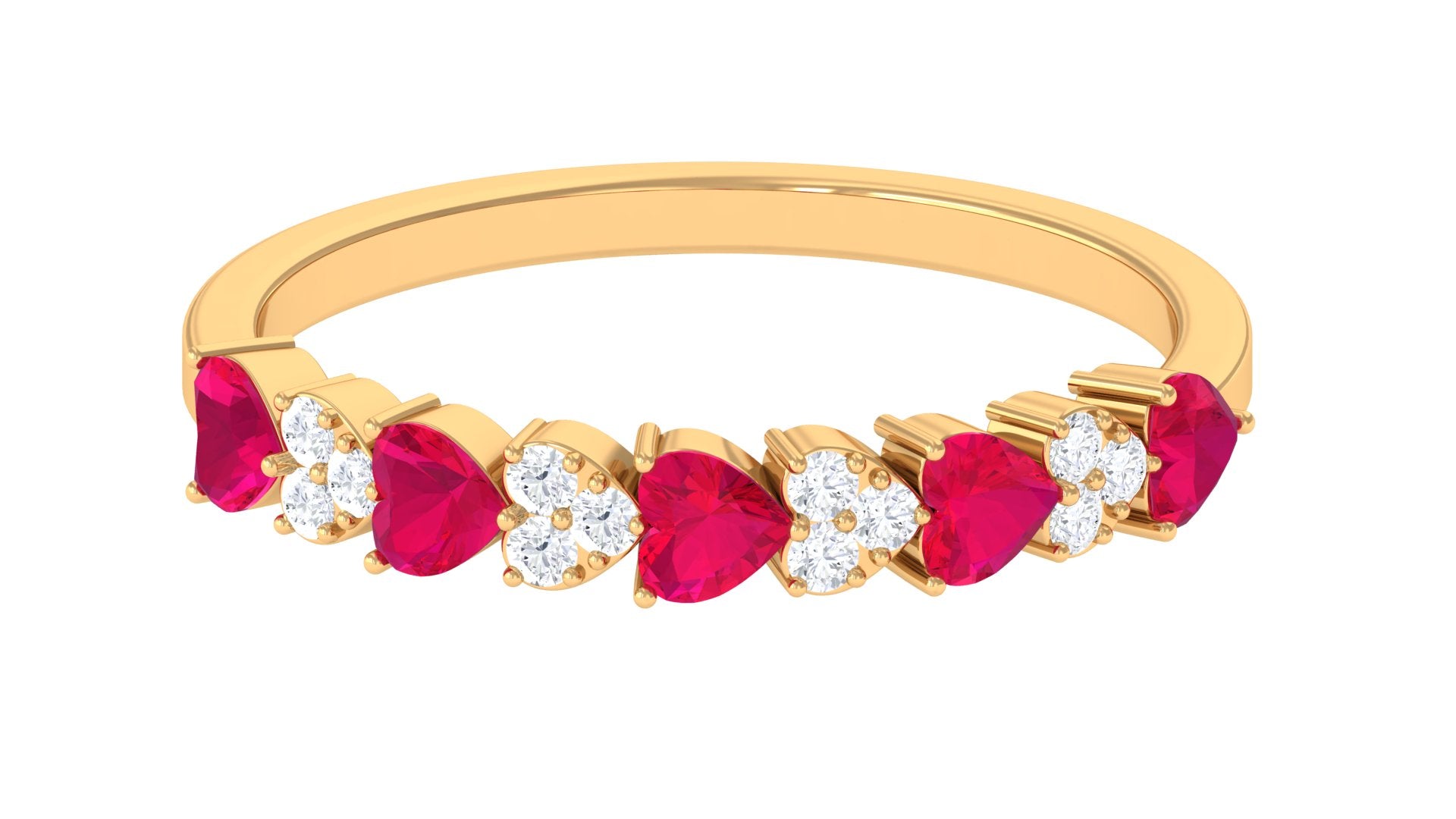 Heart Shape Ruby Half Eternity Ring with Diamond Ruby - ( AAA ) - Quality - Rosec Jewels