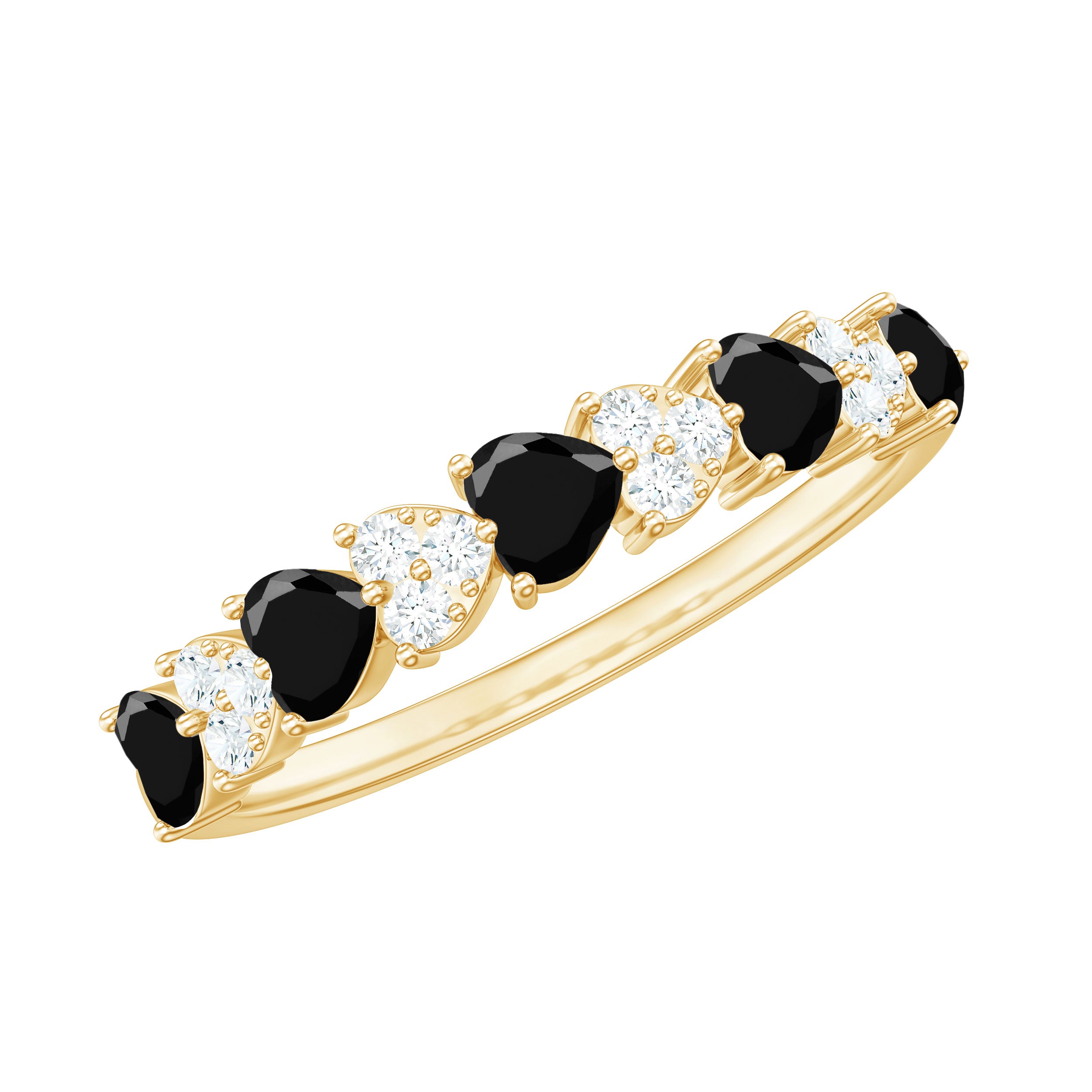 Heart Shape Black Onyx and Diamond Half Eternity Ring Black Onyx - ( AAA ) - Quality - Rosec Jewels