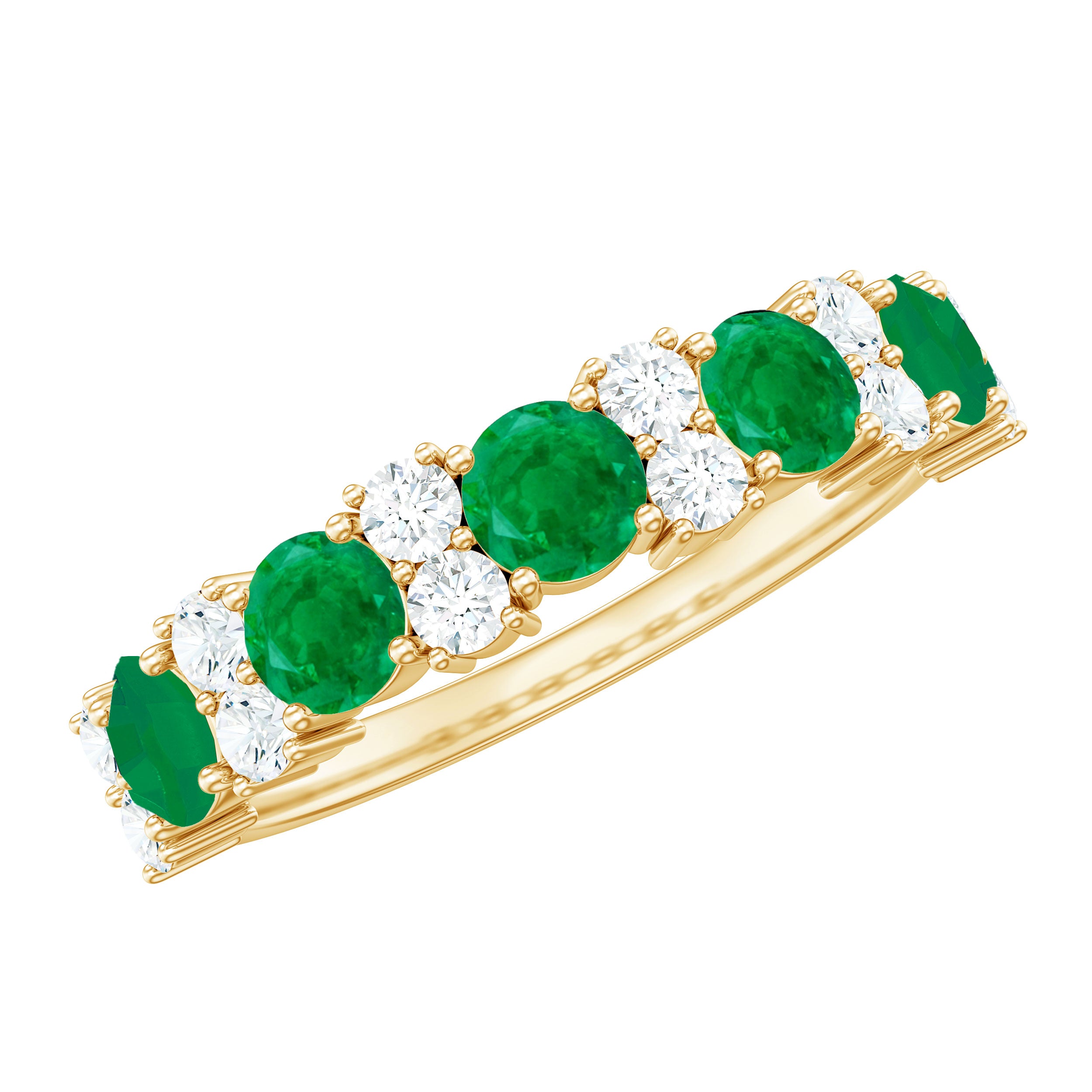 Emerald and Diamond Designer Half Eternity Ring Emerald - ( AAA ) - Quality - Rosec Jewels