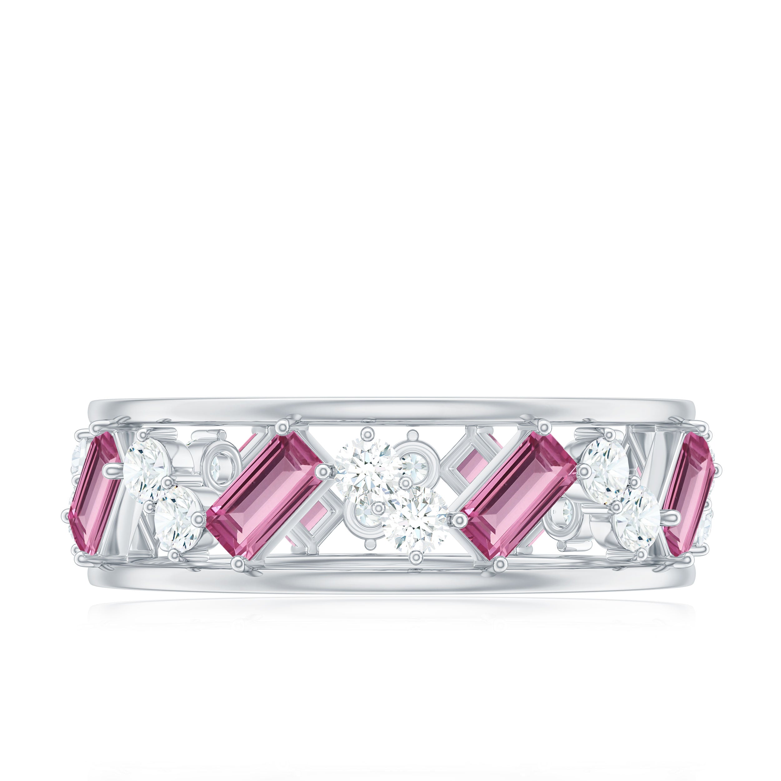 Pink Tourmaline and Moissanite Wide Eternity Ring Pink Tourmaline - ( AAA ) - Quality - Rosec Jewels