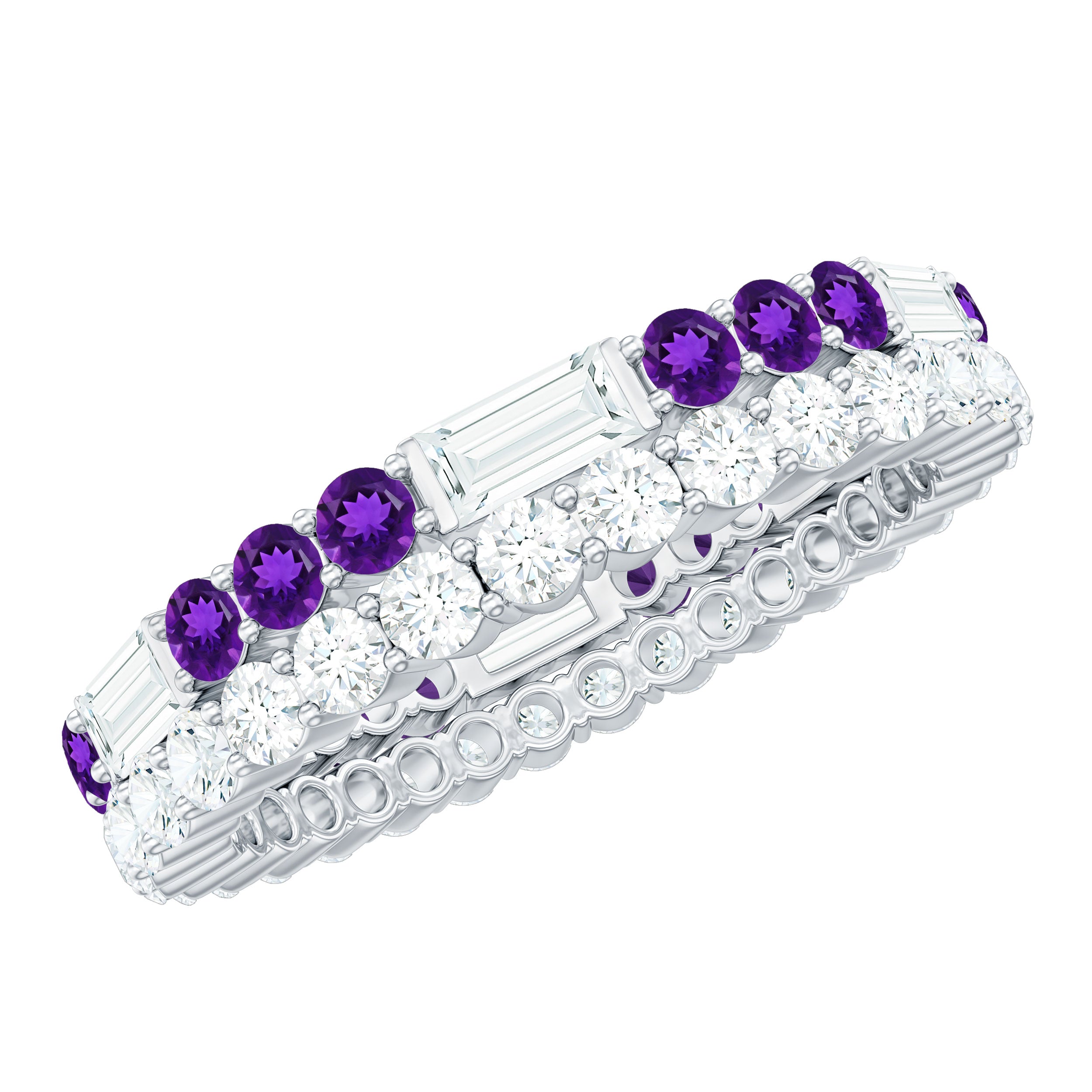 Real Amethyst and Moissanite Two Row Eternity Ring Amethyst - ( AAA ) - Quality - Rosec Jewels