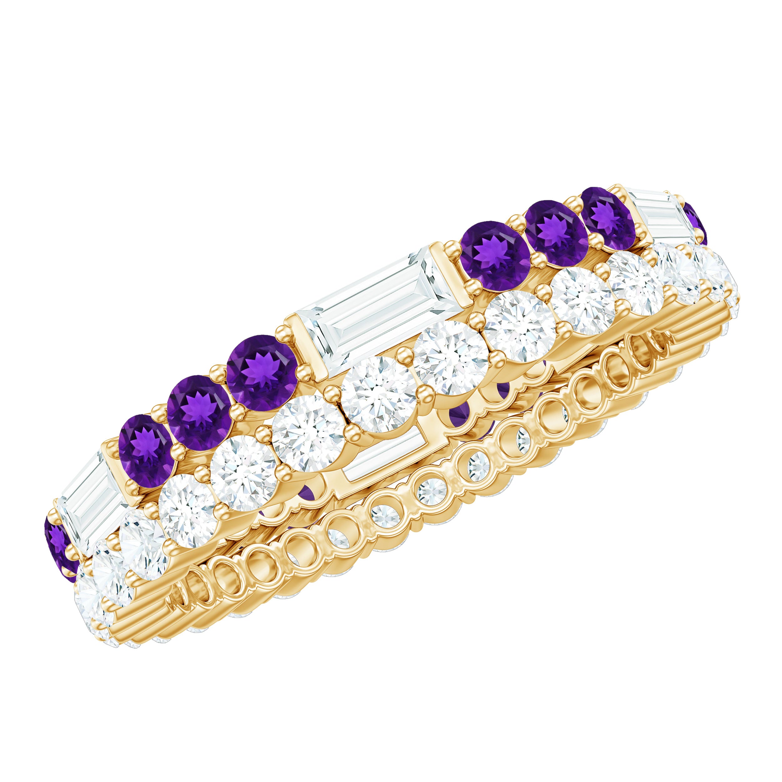 Real Amethyst and Moissanite Two Row Eternity Ring Amethyst - ( AAA ) - Quality - Rosec Jewels