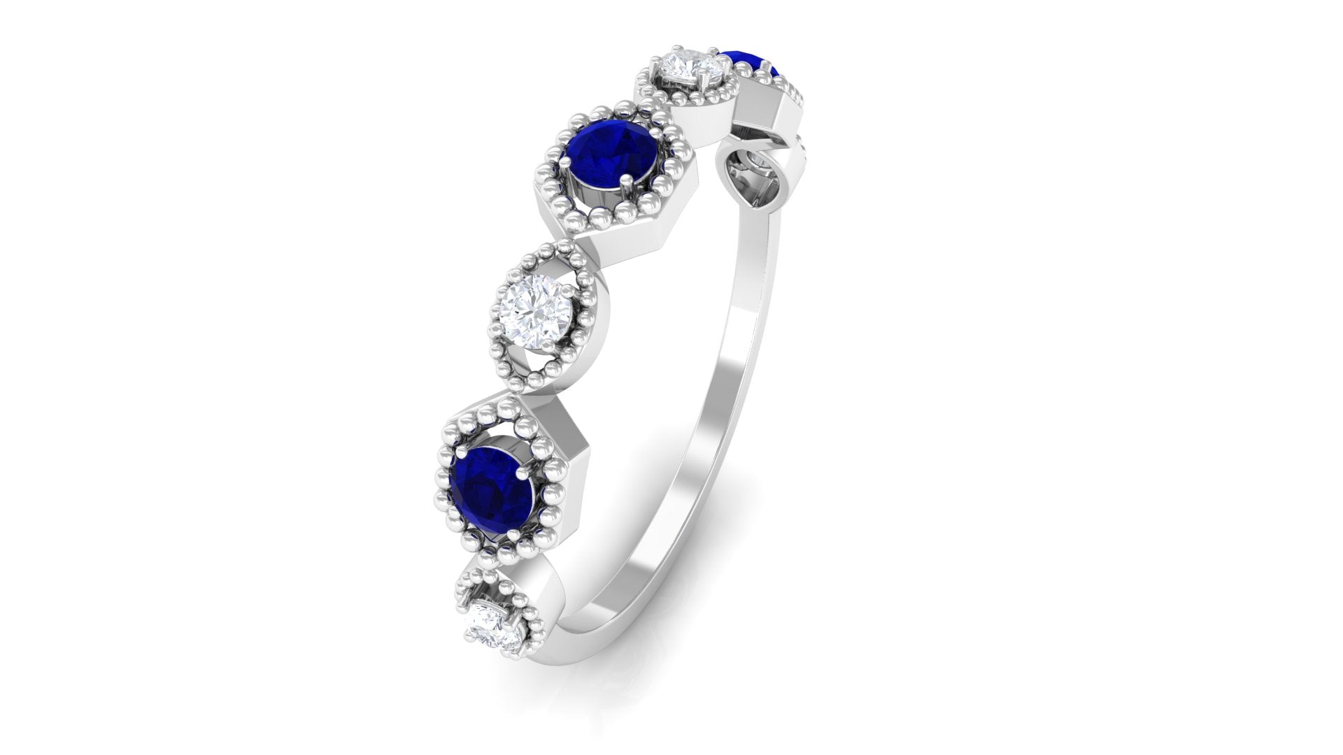 Real Blue Sapphire and Diamond Half Eternity Ring Blue Sapphire - ( AAA ) - Quality - Rosec Jewels