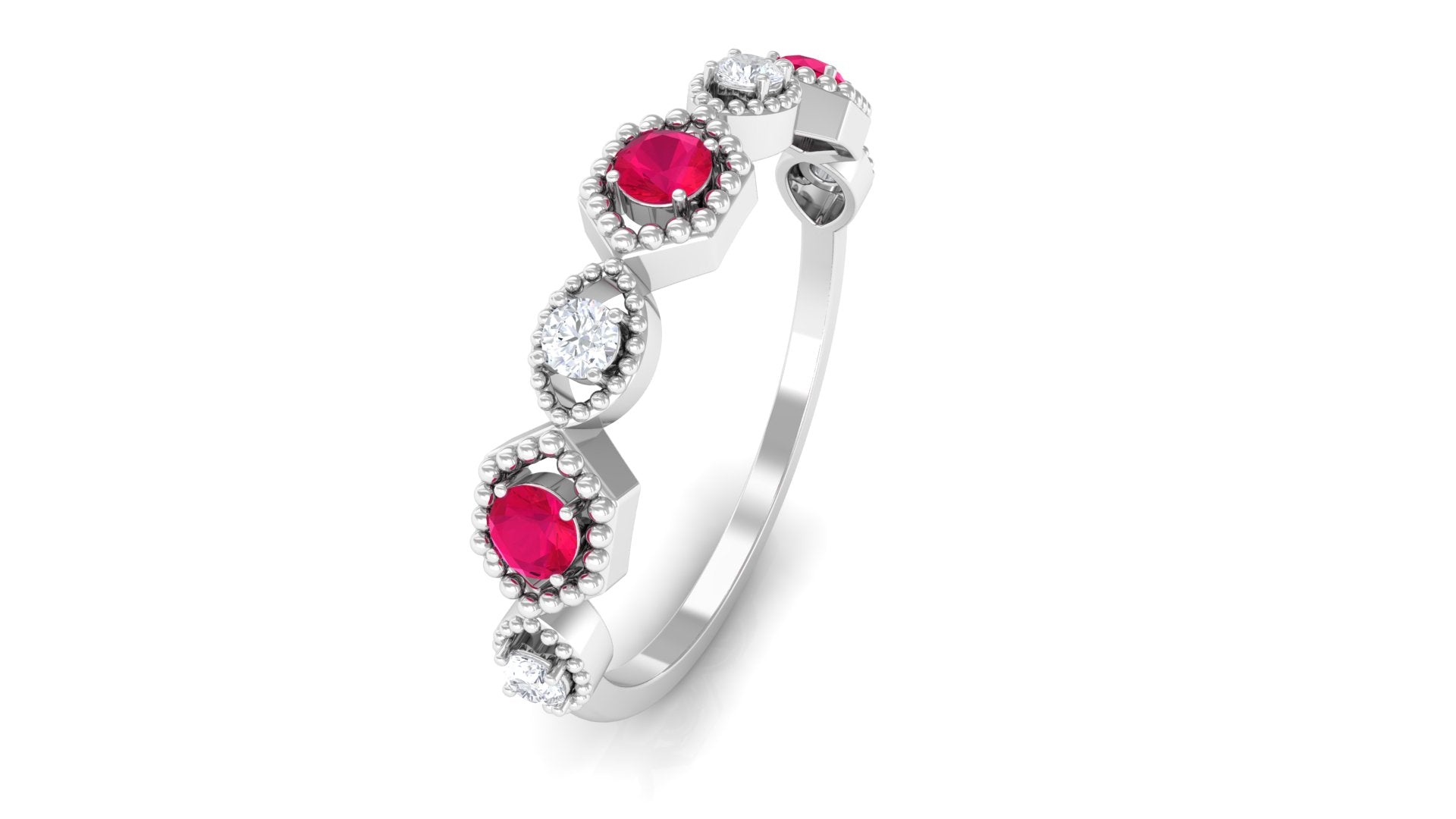 Ruby and Diamond Half Eternity Ring in Prong Setting Ruby - ( AAA ) - Quality - Rosec Jewels