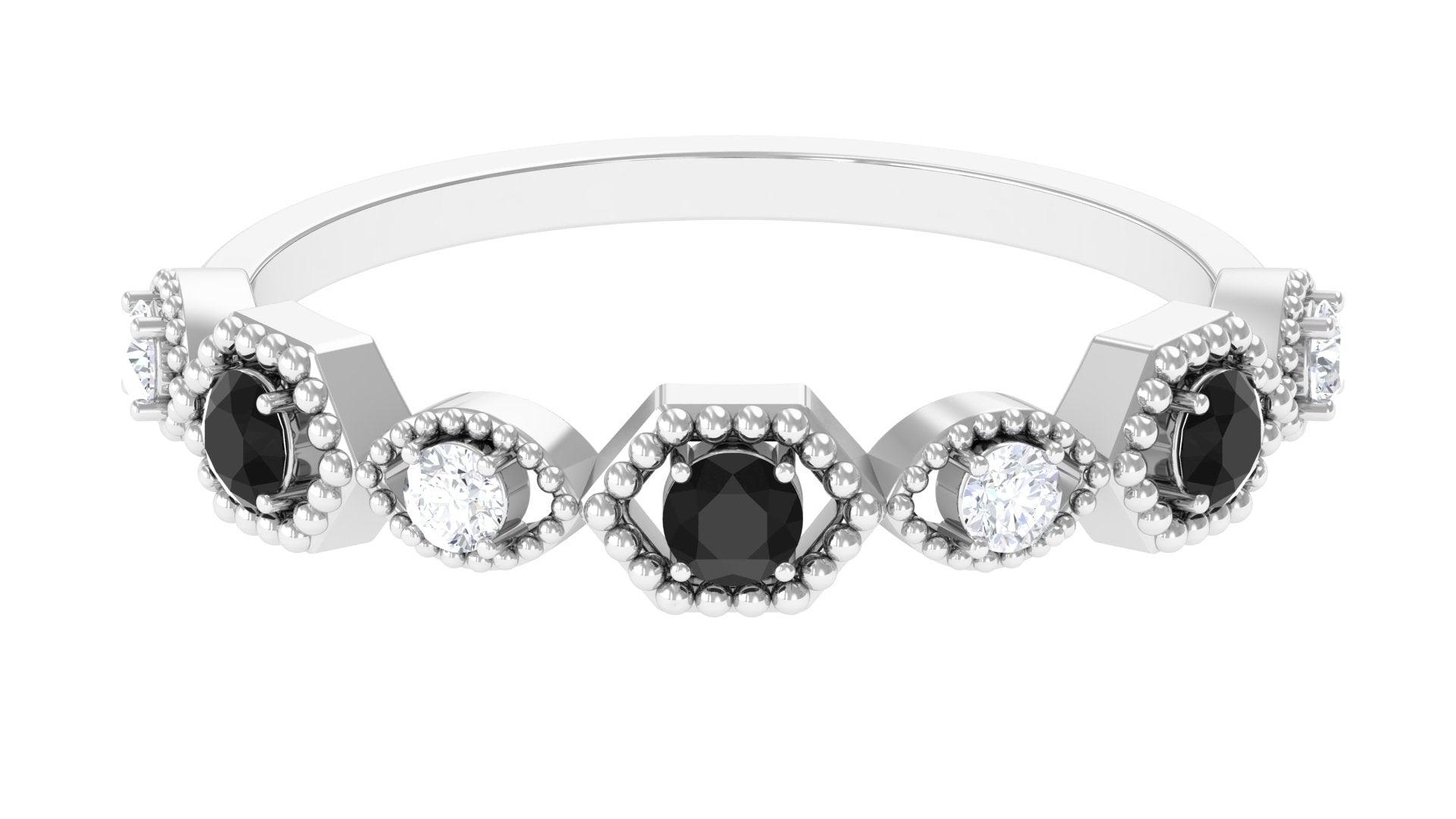 Black Onyx and Diamond Geometric Half Eternity Ring Black Onyx - ( AAA ) - Quality - Rosec Jewels