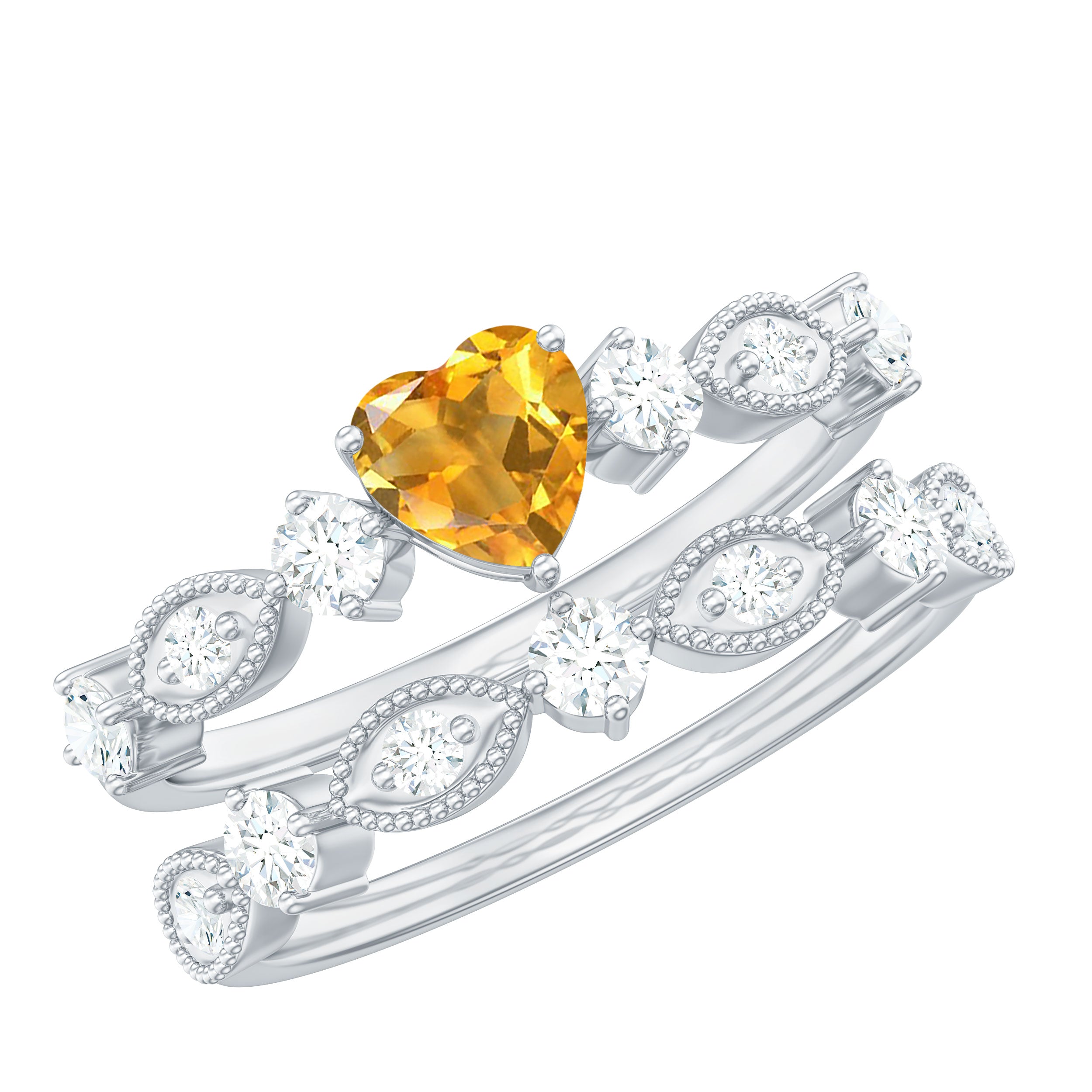 1.75 CT Natural Heart Citrine and Moissanite Stackable Ring Set Citrine - ( AAA ) - Quality - Rosec Jewels