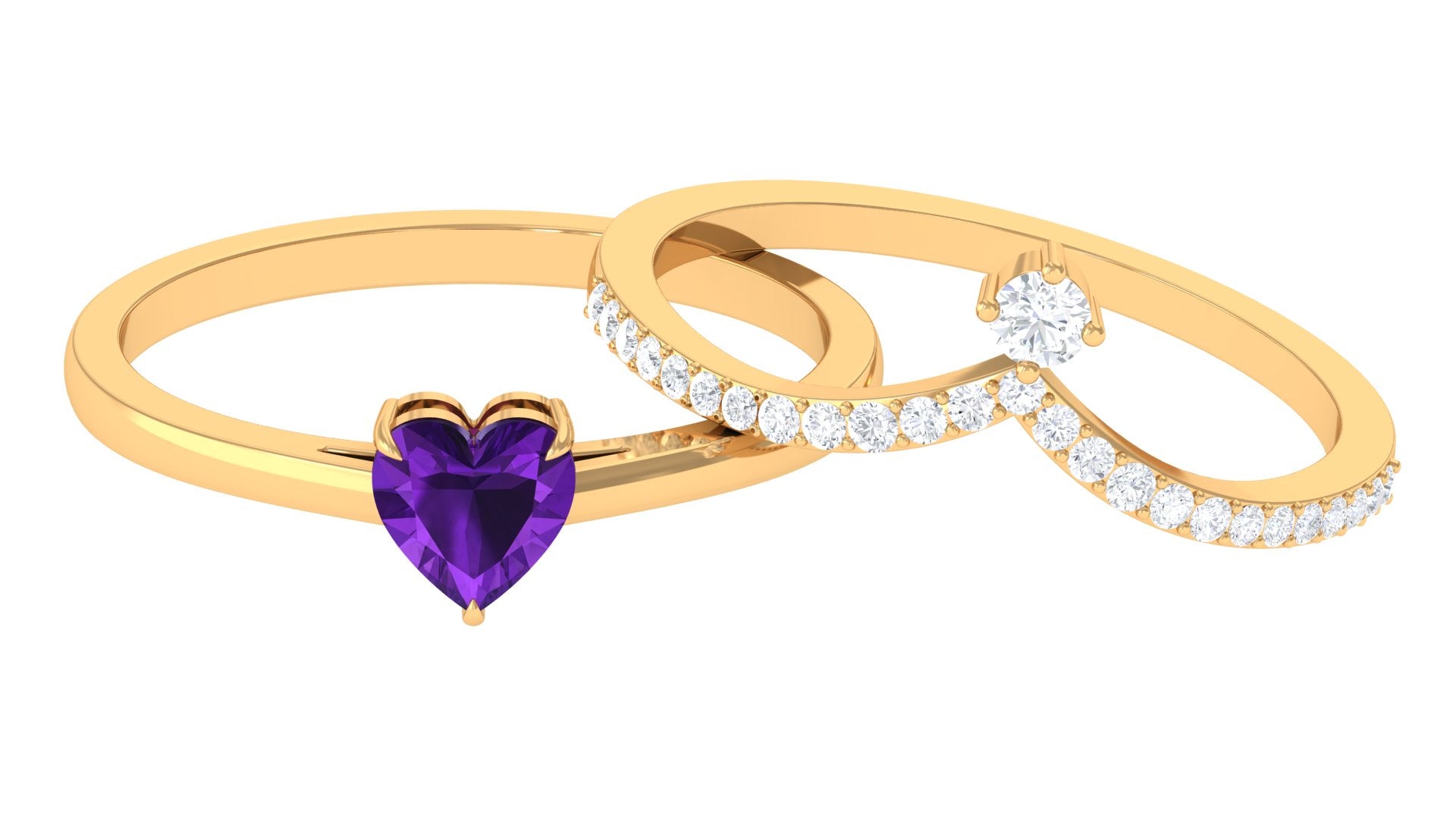 Natural Amethyst Solitaire Heart Ring Set with Diamond Amethyst - ( AAA ) - Quality - Rosec Jewels