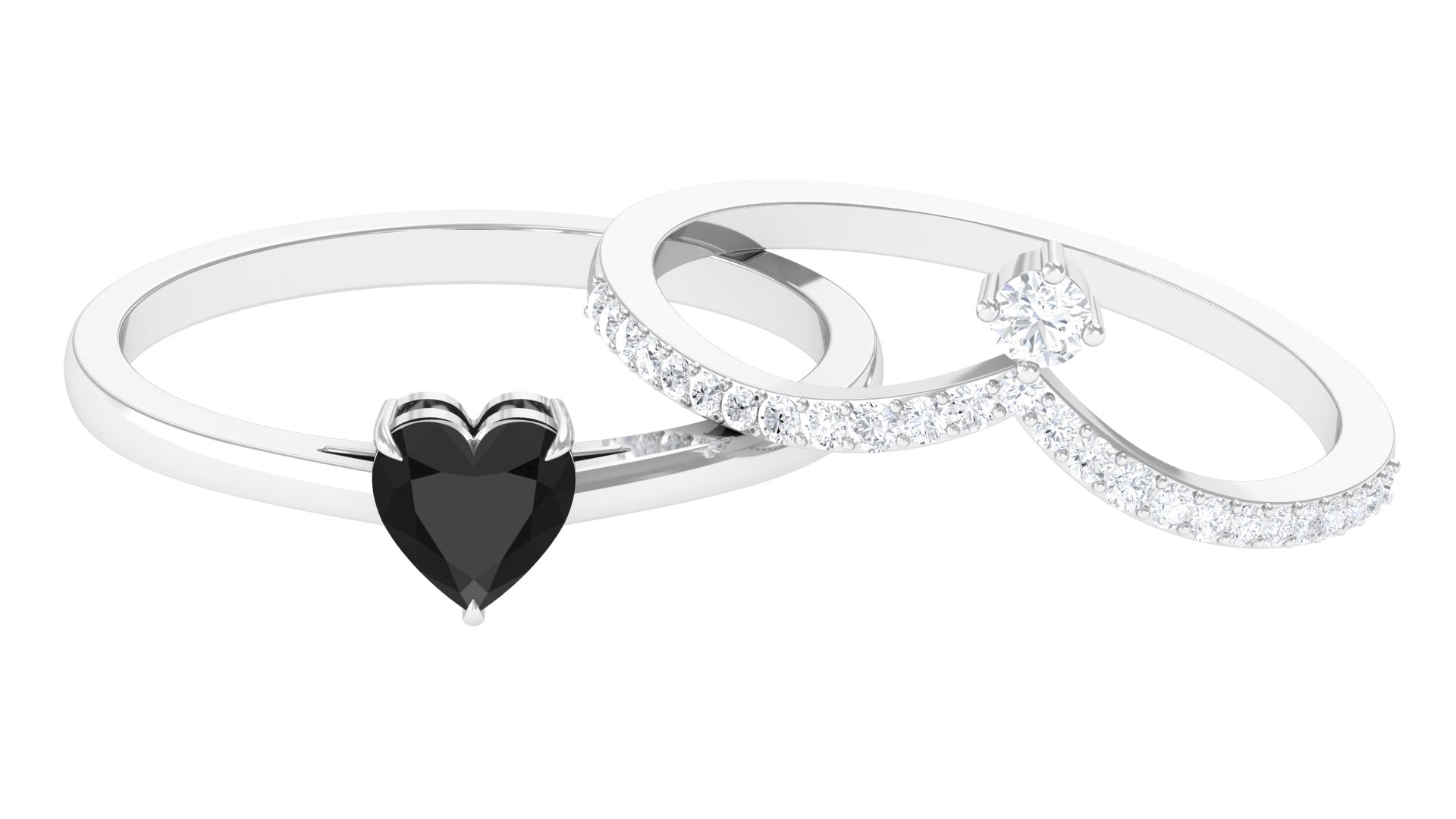 Real Black Onyx Heart Ring Set with and Diamond Black Onyx - ( AAA ) - Quality - Rosec Jewels