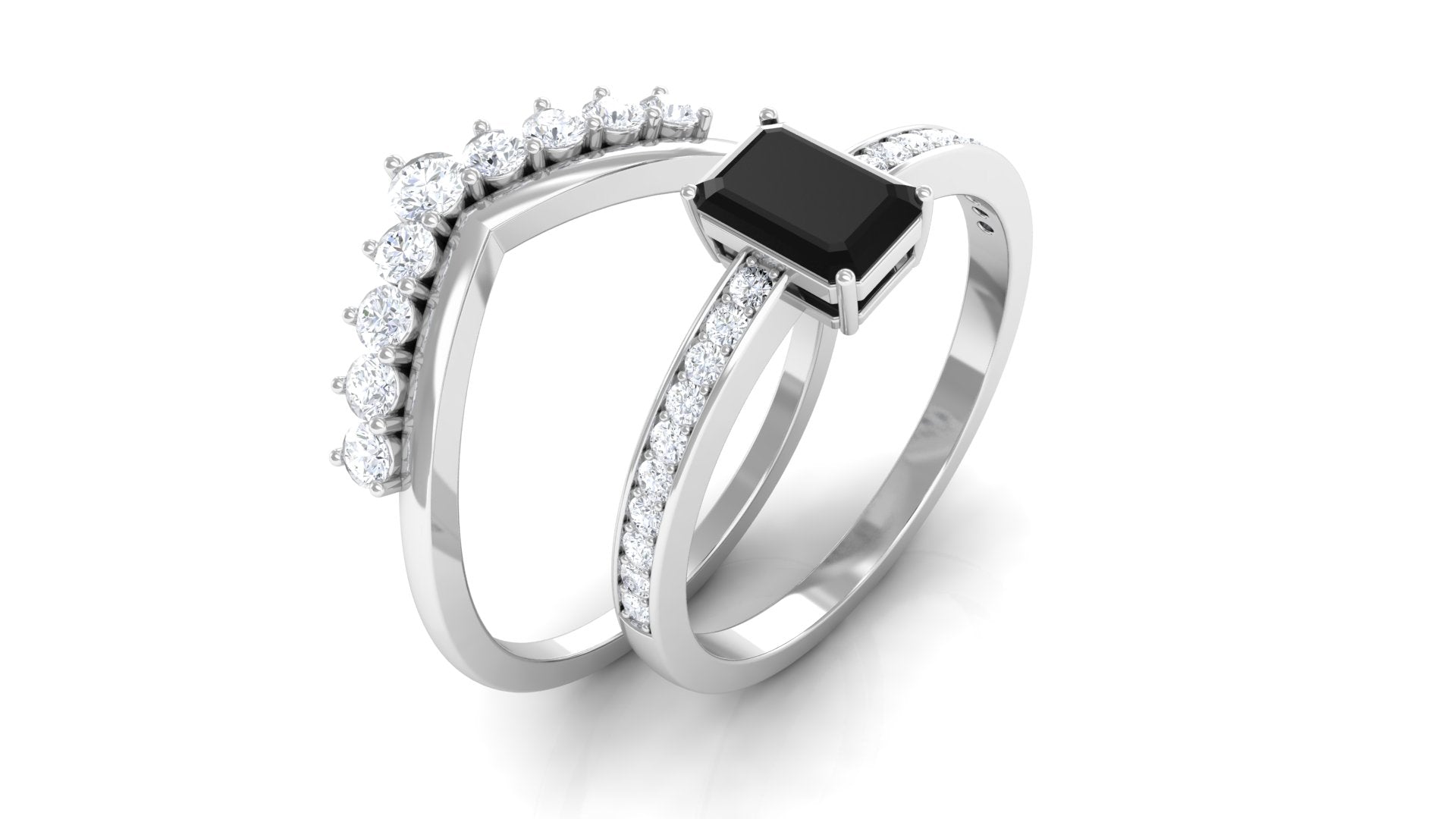 Emerald Cut Created Black Diamond and Diamond Engagement Ring Set Lab Created Black Diamond - ( AAAA ) - Quality - Rosec Jewels