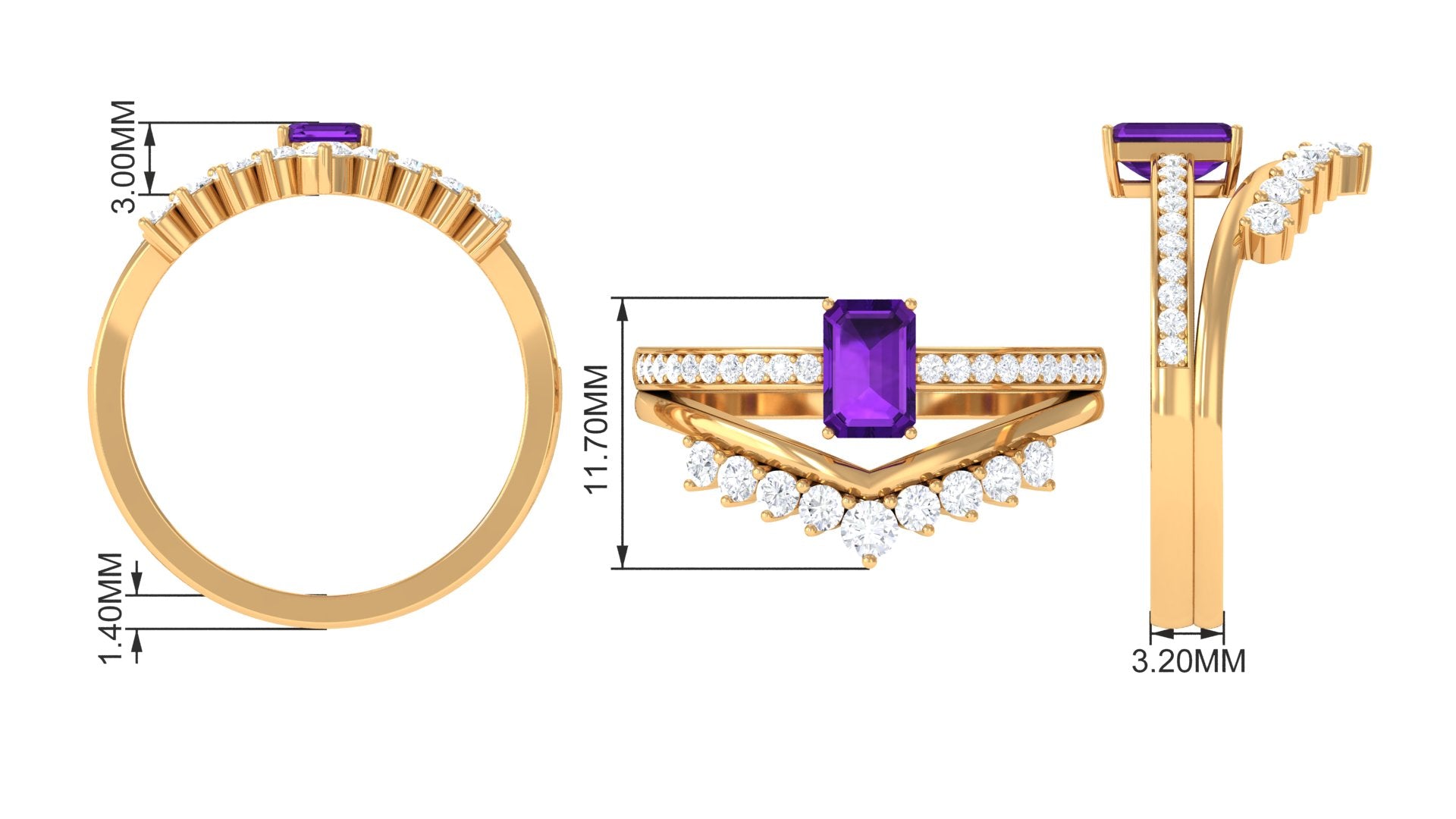 Octagon Cut Amethyst and Diamond Stackable Ring Set Amethyst - ( AAA ) - Quality - Rosec Jewels