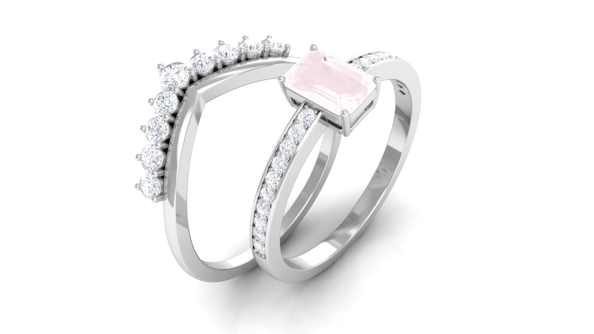 Octagon Cut Rose Quartz and Diamond Ring Set Rose Quartz - ( AAA ) - Quality - Rosec Jewels