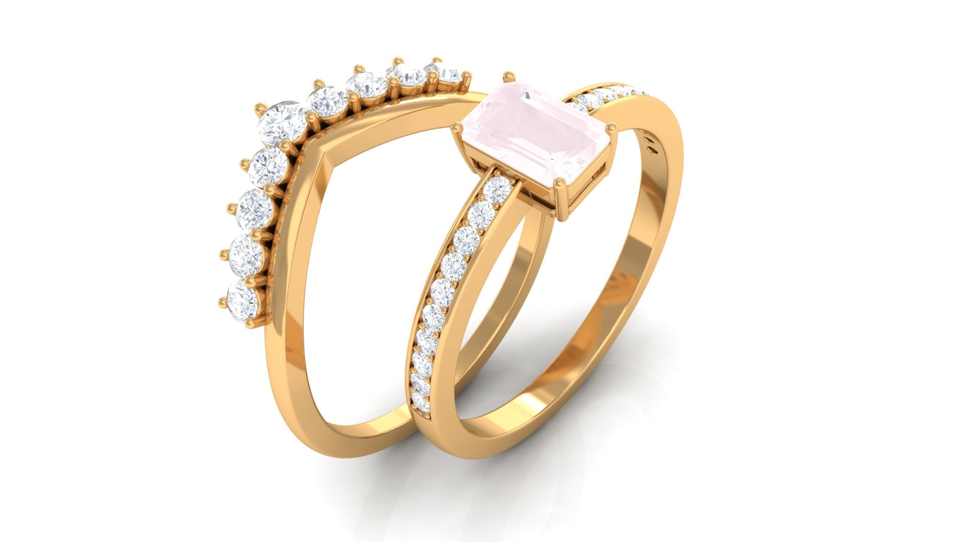 Octagon Cut Rose Quartz and Diamond Ring Set Rose Quartz - ( AAA ) - Quality - Rosec Jewels