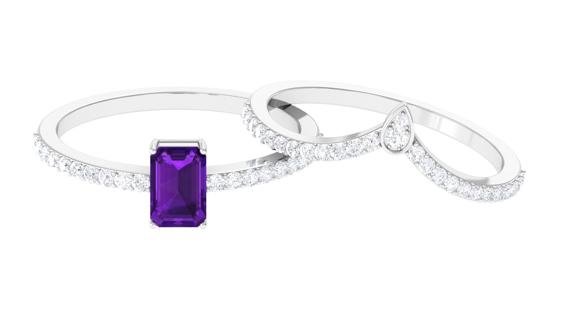 Emerald Cut Amethyst and Diamond Ring Set Amethyst - ( AAA ) - Quality - Rosec Jewels