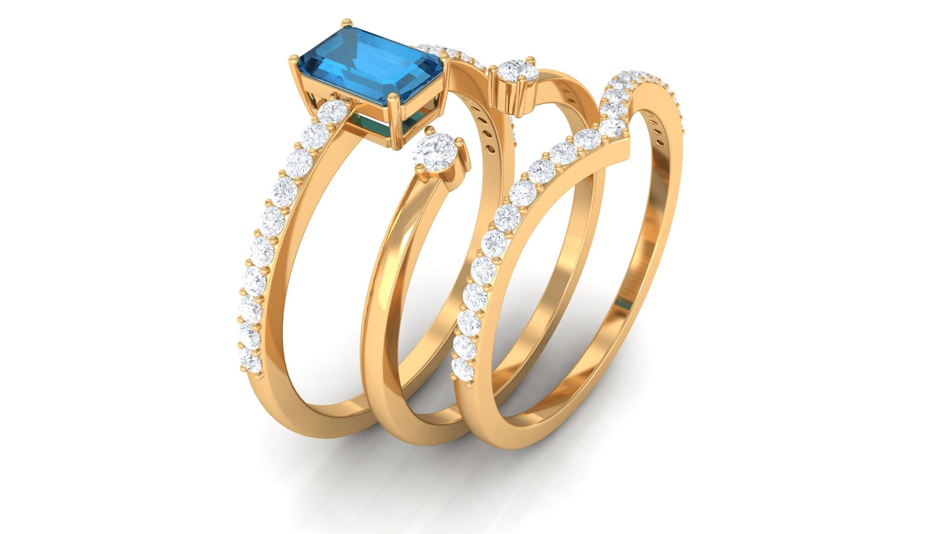 Emerald Cut Solitaire London Blue Topaz and Diamond Ring Set of 3 London Blue Topaz - ( AAA ) - Quality - Rosec Jewels