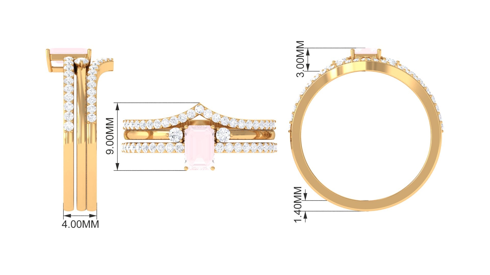 Certified Rose Quartz and Diamond Ring Set Rose Quartz - ( AAA ) - Quality - Rosec Jewels