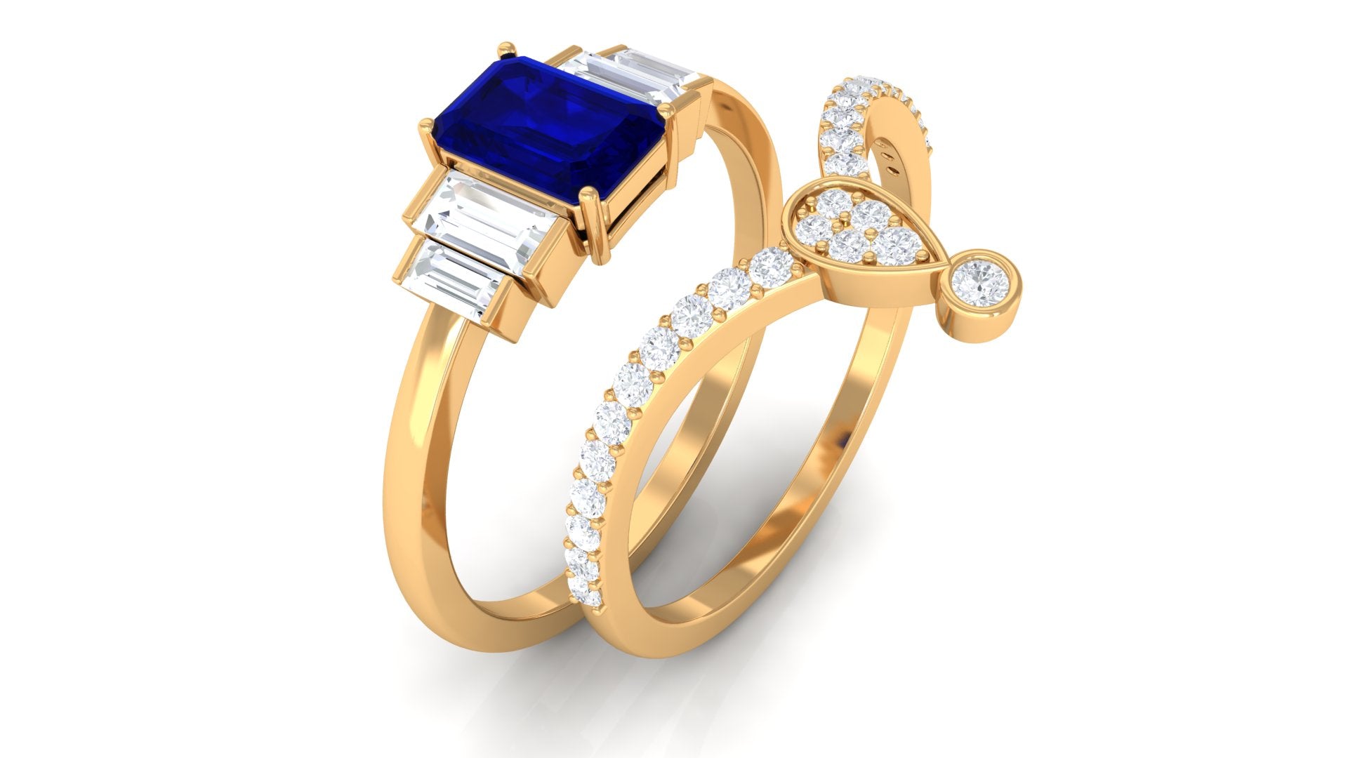 Real Blue Sapphire and Moissanite Ring Set Blue Sapphire - ( AAA ) - Quality - Rosec Jewels