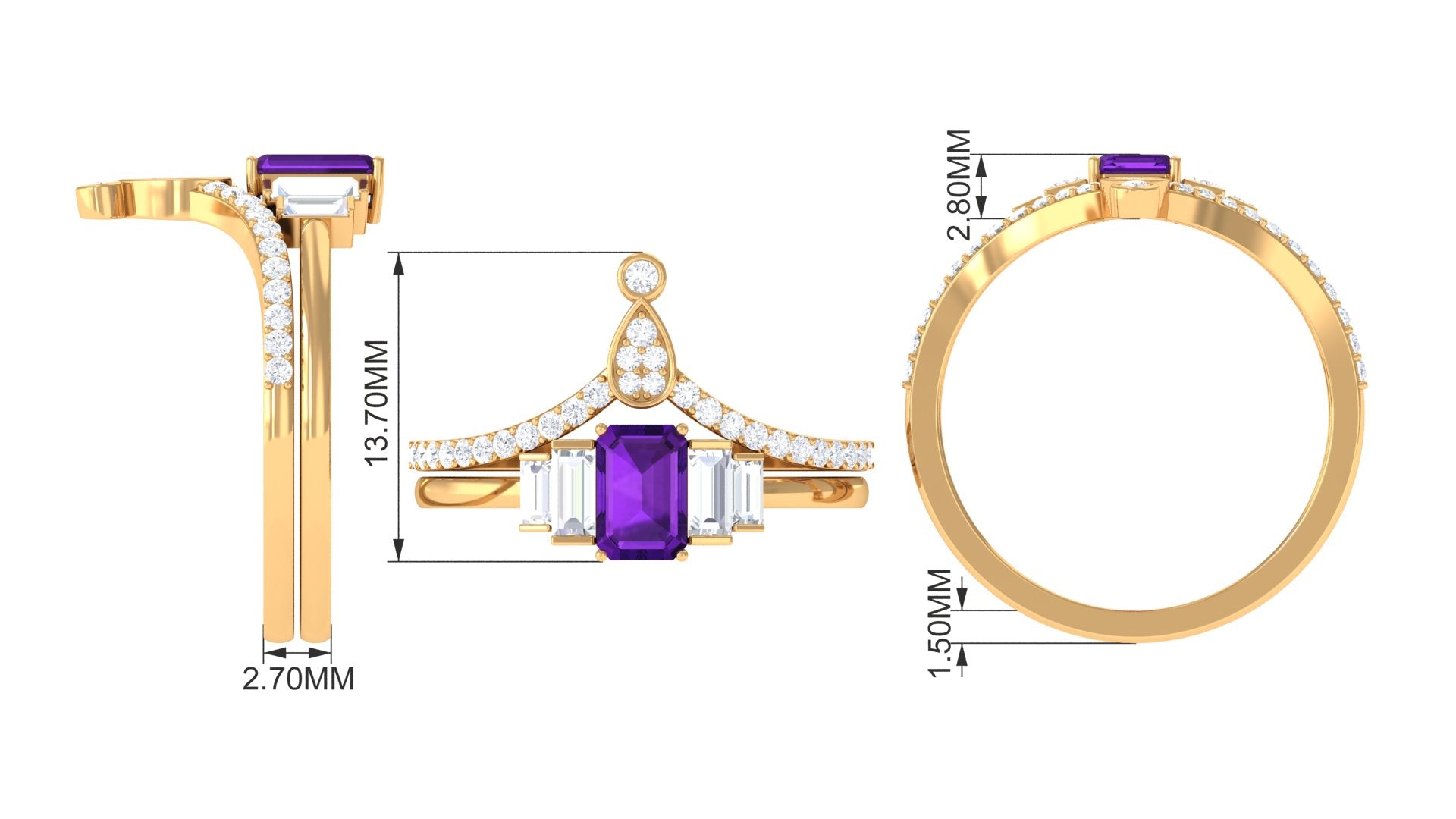 Octagon Amethyst and Moissanite Ring Set Amethyst - ( AAA ) - Quality - Rosec Jewels