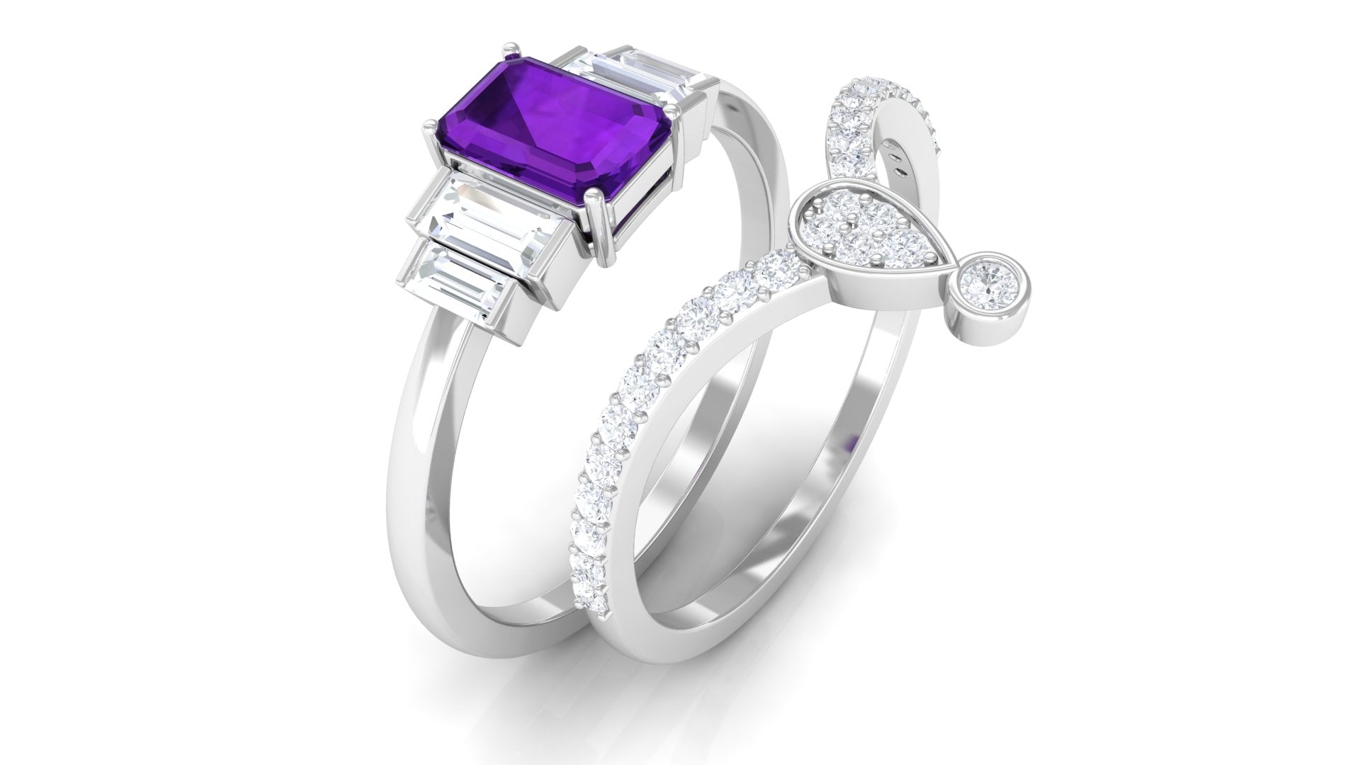 Octagon Amethyst and Moissanite Ring Set Amethyst - ( AAA ) - Quality - Rosec Jewels