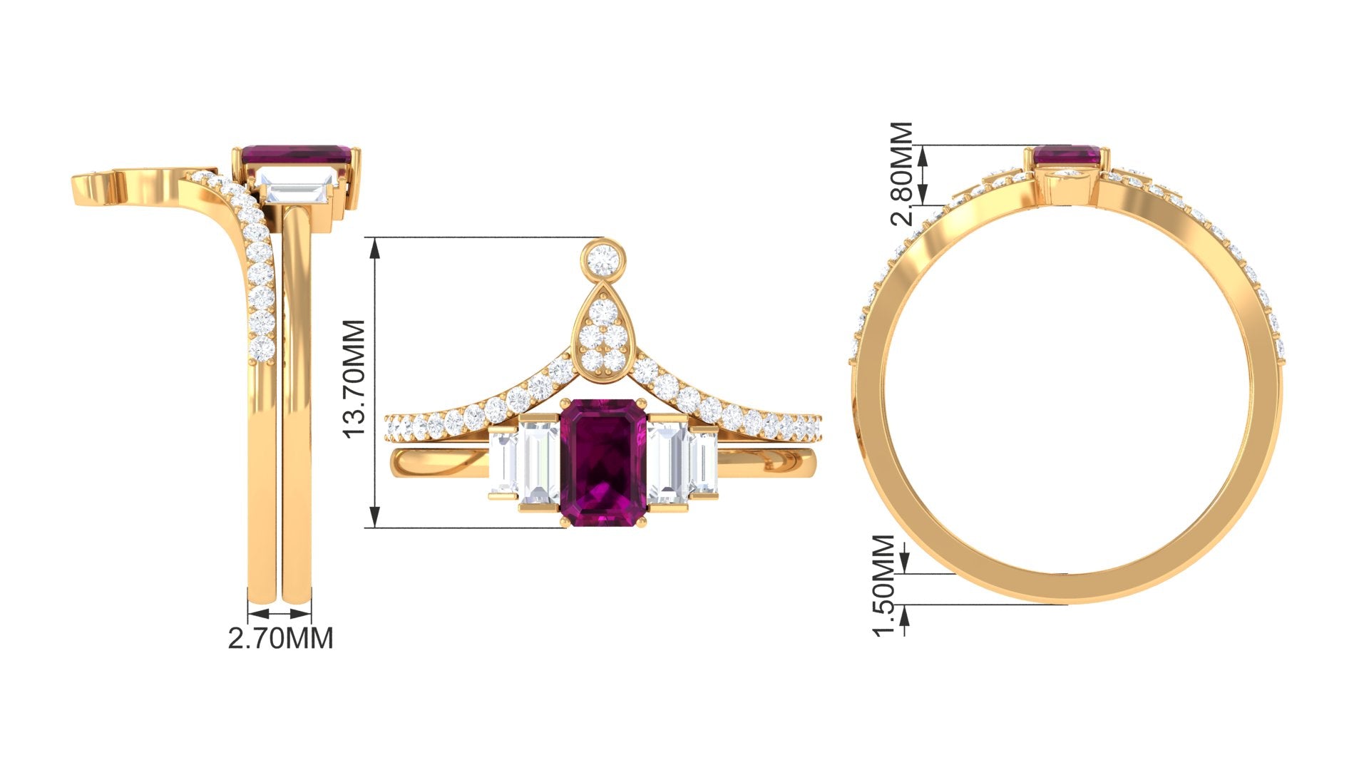 1.50 CT Octagon Cut Rhodolite and Moissanite Ring Set in Gold Rhodolite - ( AAA ) - Quality - Rosec Jewels