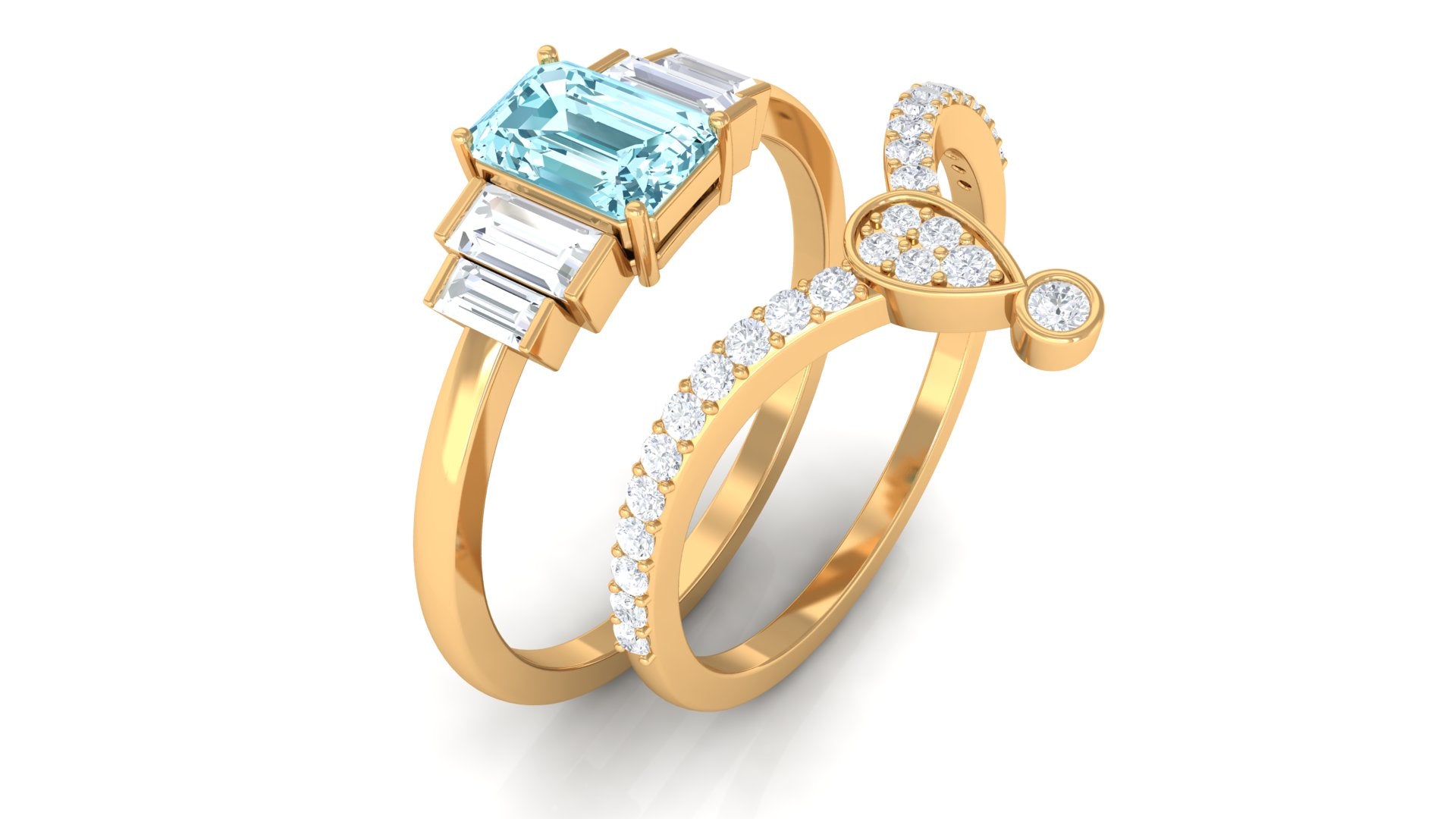 Real Aquamarine and Moissanite Stackable Ring Set Aquamarine - ( AAA ) - Quality - Rosec Jewels