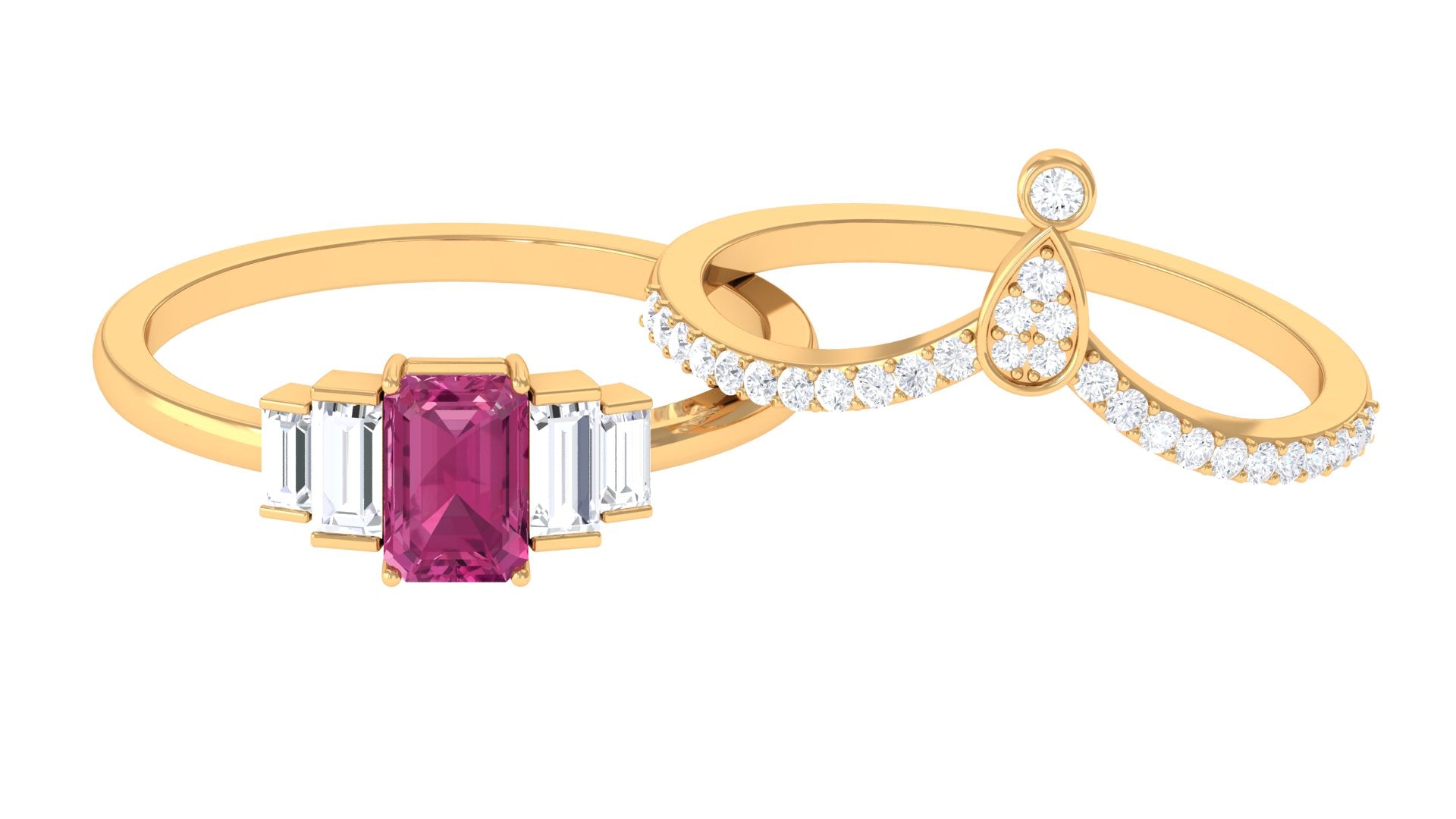 Pink Tourmaline Stackable Ring Set with Moissanite Pink Tourmaline - ( AAA ) - Quality - Rosec Jewels