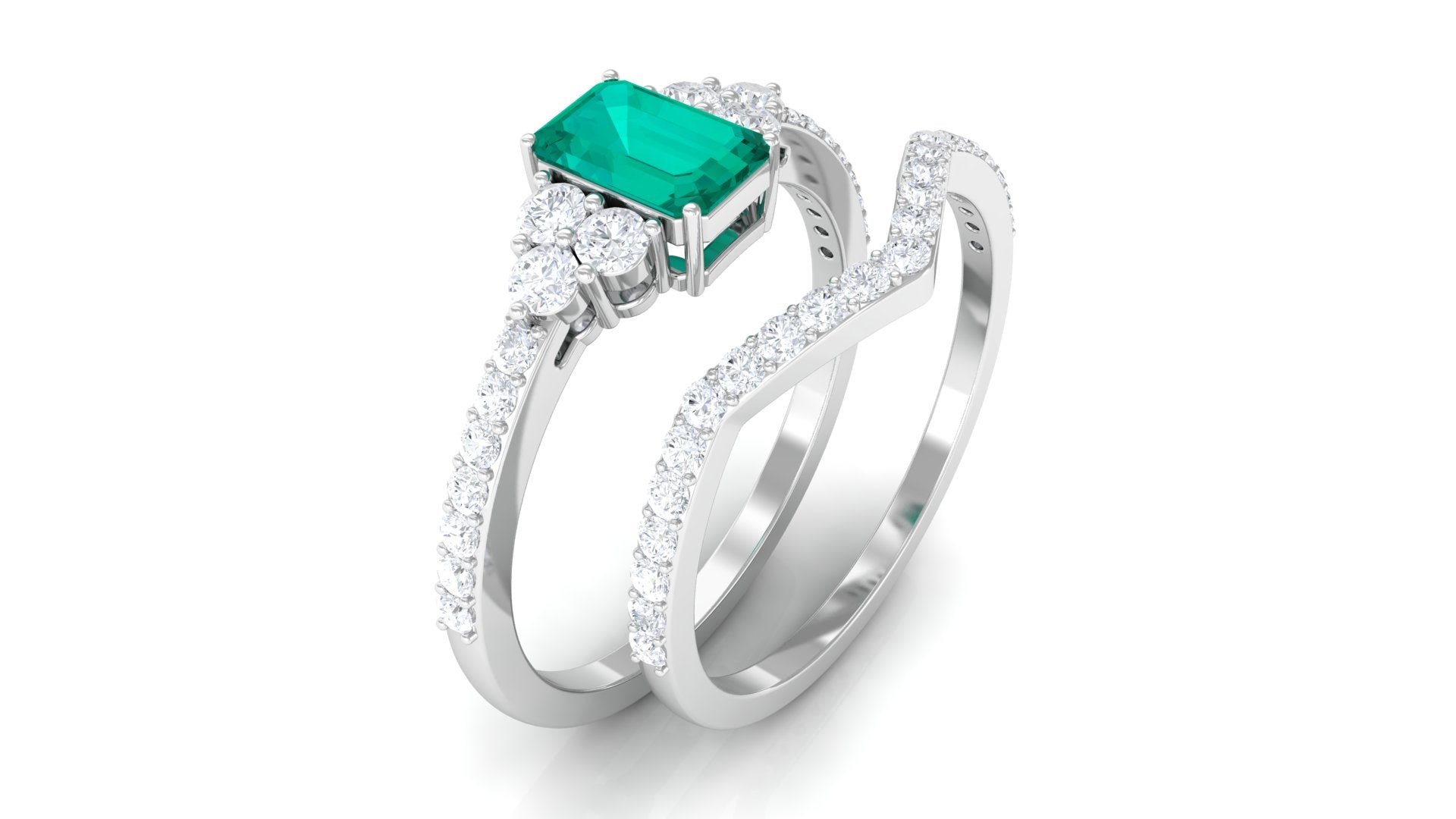 Octagon shape Emerald Ring Set with Diamond Stones Emerald - ( AAA ) - Quality - Rosec Jewels