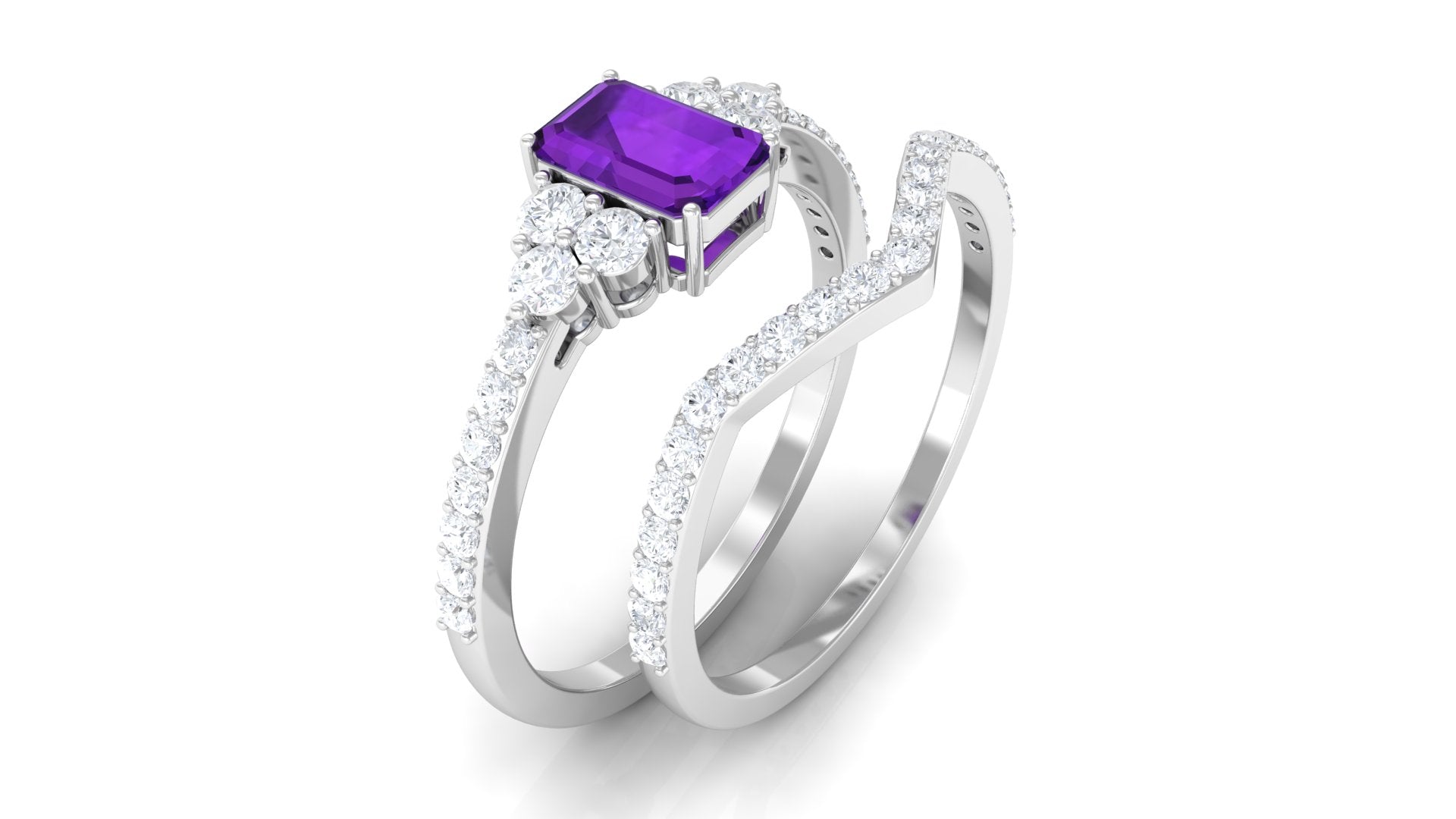 Real Amethyst Stackable Ring Set with Diamond Stones Amethyst - ( AAA ) - Quality - Rosec Jewels