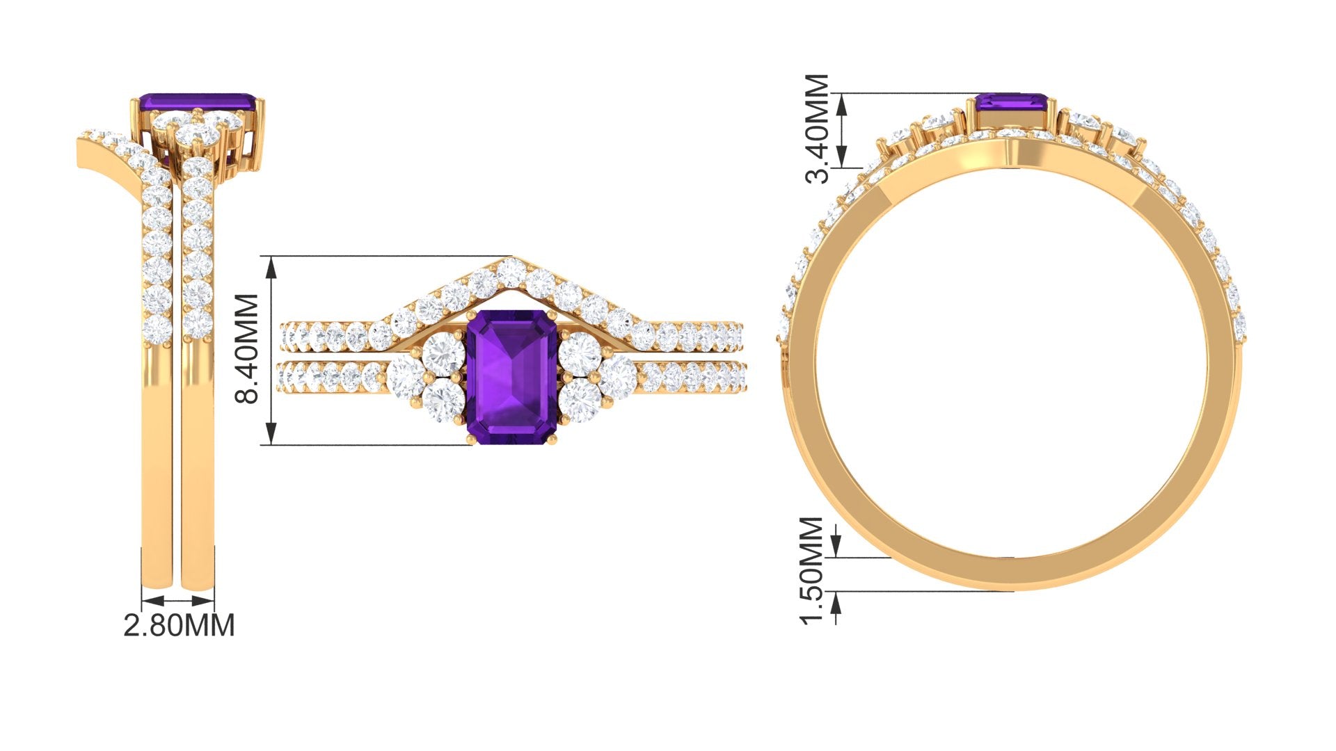 Real Amethyst Stackable Ring Set with Diamond Stones Amethyst - ( AAA ) - Quality - Rosec Jewels