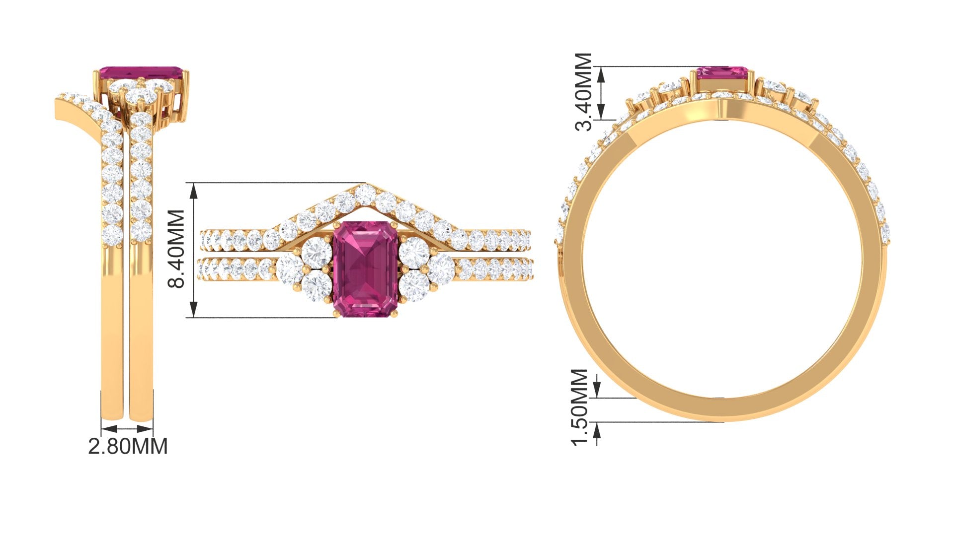 Pink Tourmaline Stackable Ring Set with Diamond Stones Pink Tourmaline - ( AAA ) - Quality - Rosec Jewels