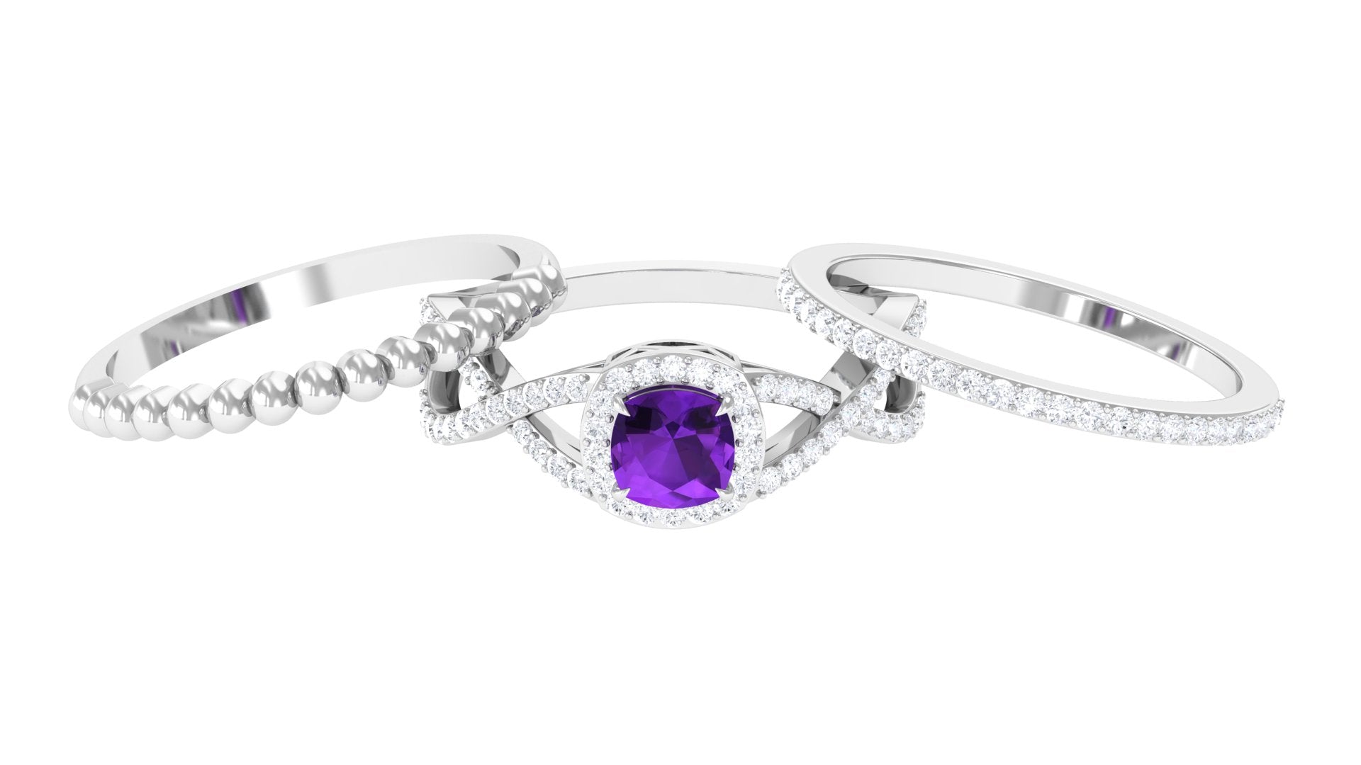 Genuine Amethyst Stackable Ring Set with Moissanite Amethyst - ( AAA ) - Quality - Rosec Jewels